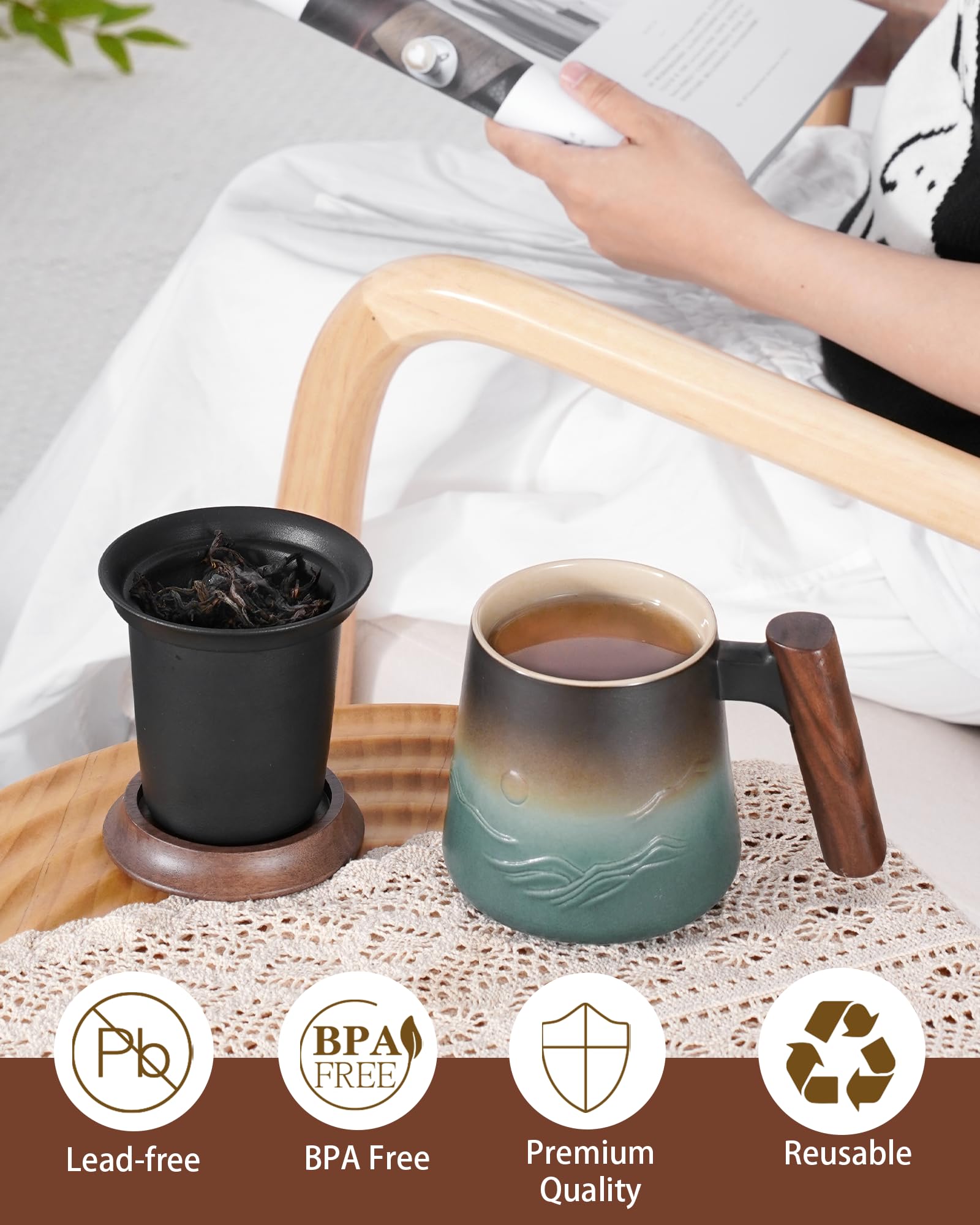 ZENS Panda Ceramic Tea Infuser Mug with Wood Handle & Saucer, 430ml