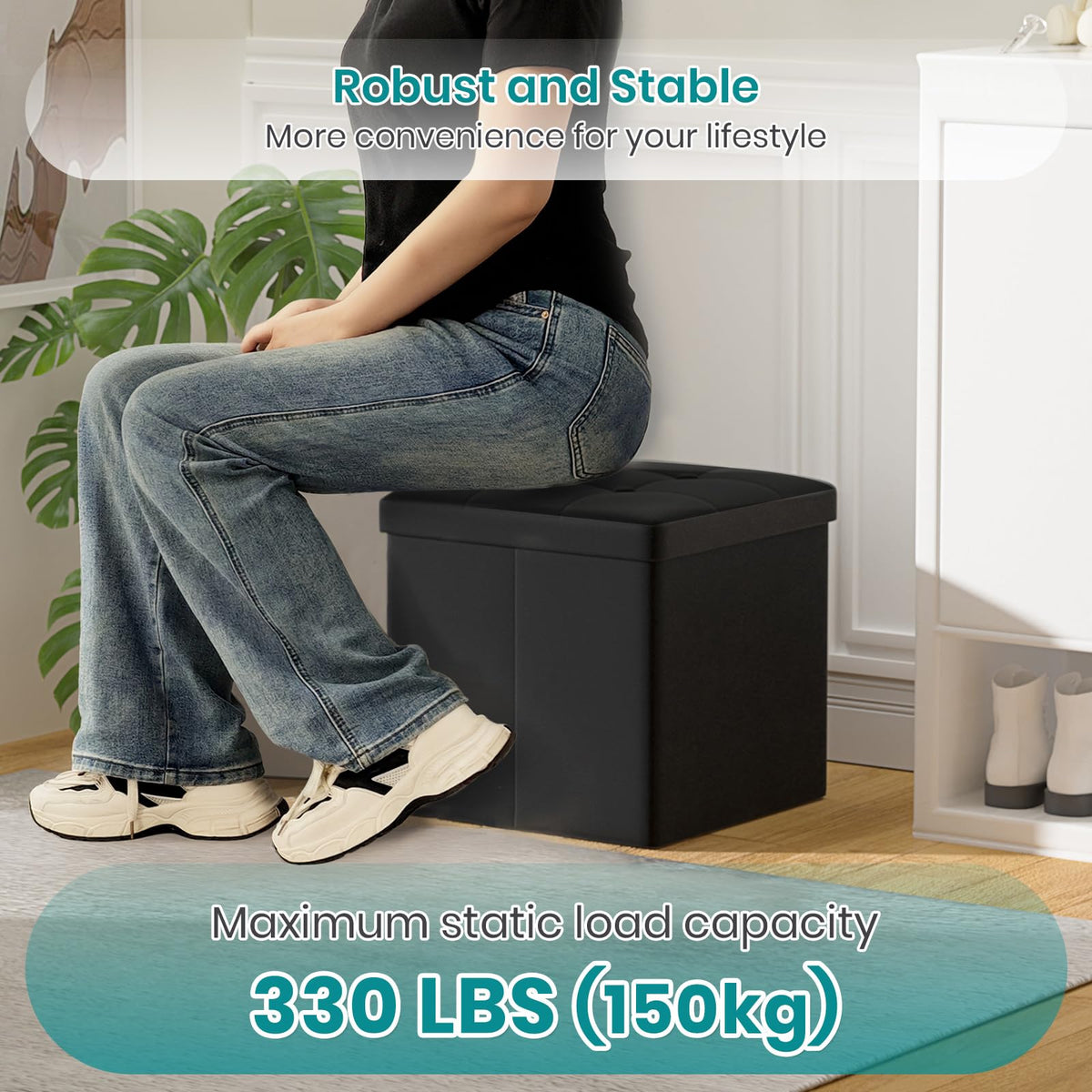 Oak & Tea Storage Ottoman, Foldable Storage Bench, Small Footrest, Cube Storage Unit, 1 Storage Boxes with Lid, Footstool - image 5