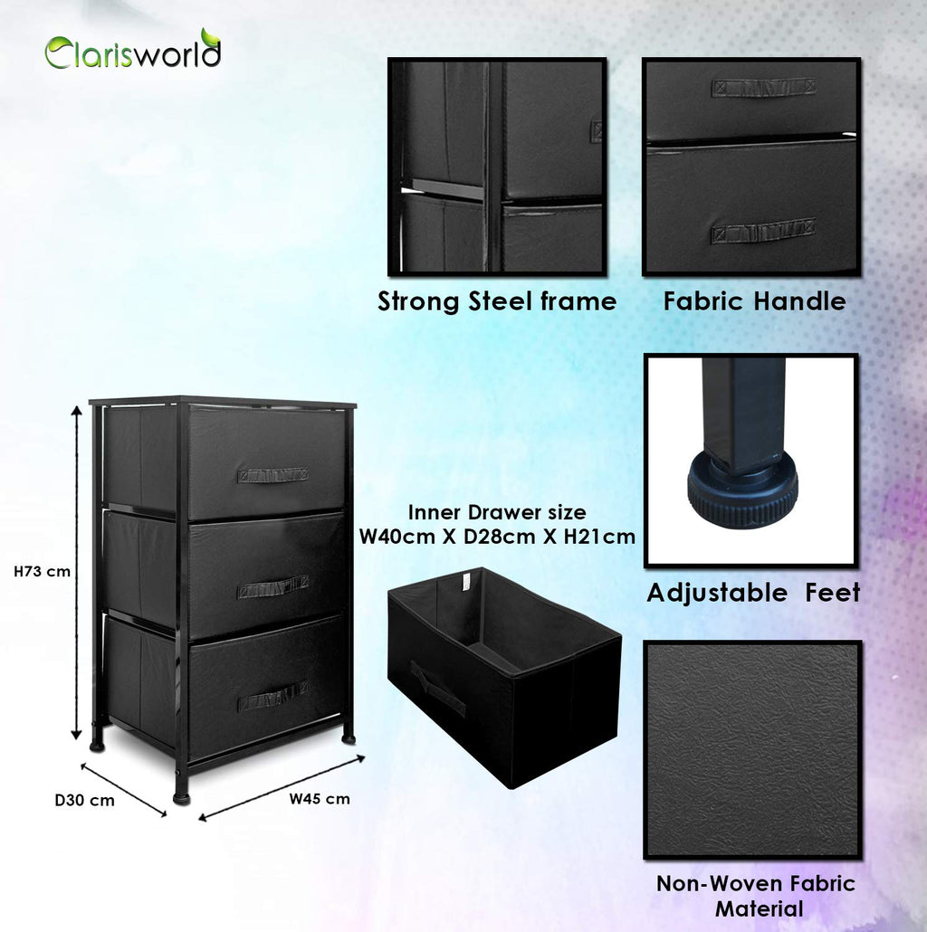 Clarisworld 3-Drawer Storage Tower Dresser | Black Fabric & Wood Top