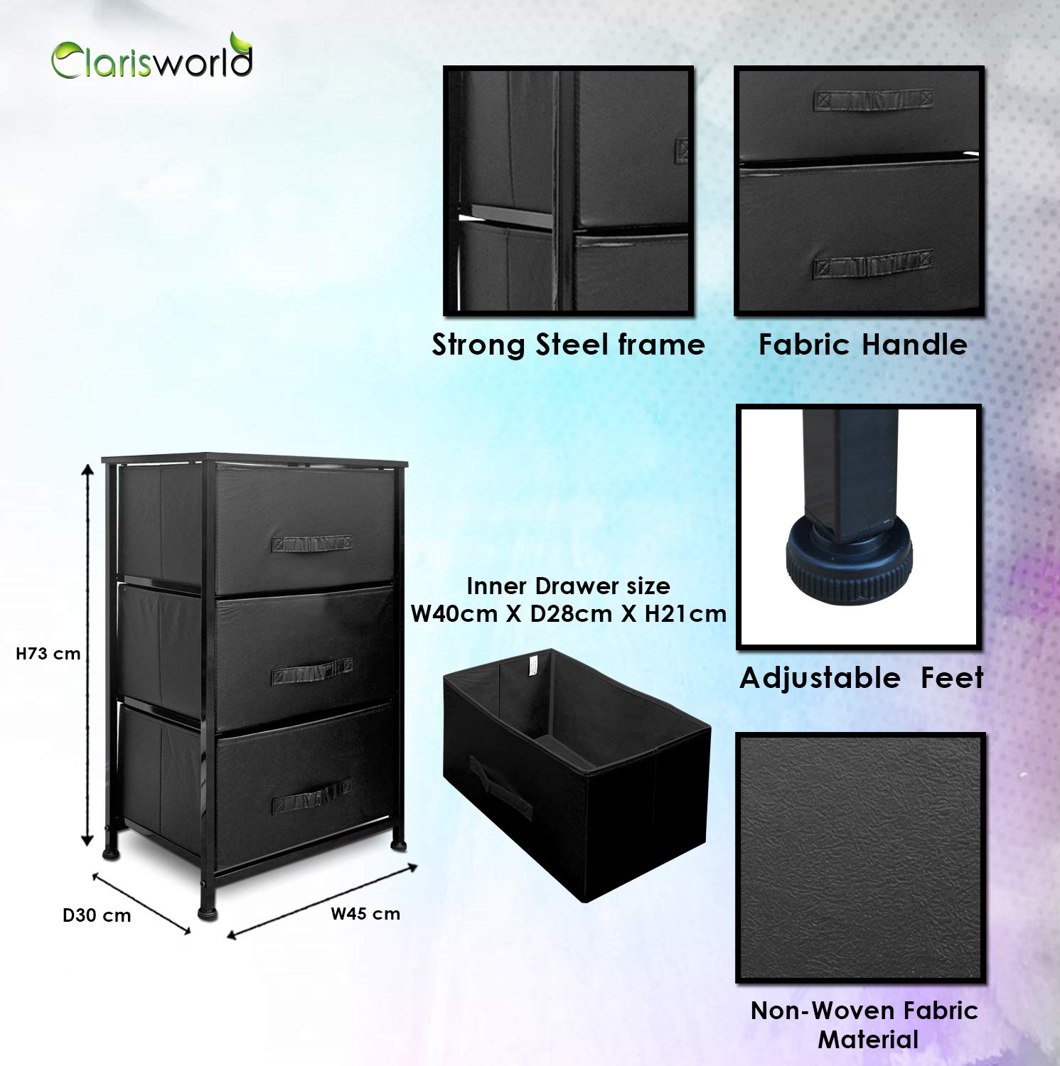 Clarisworld 3-Drawer Storage Tower Dresser | Black Fabric & Wood Top
