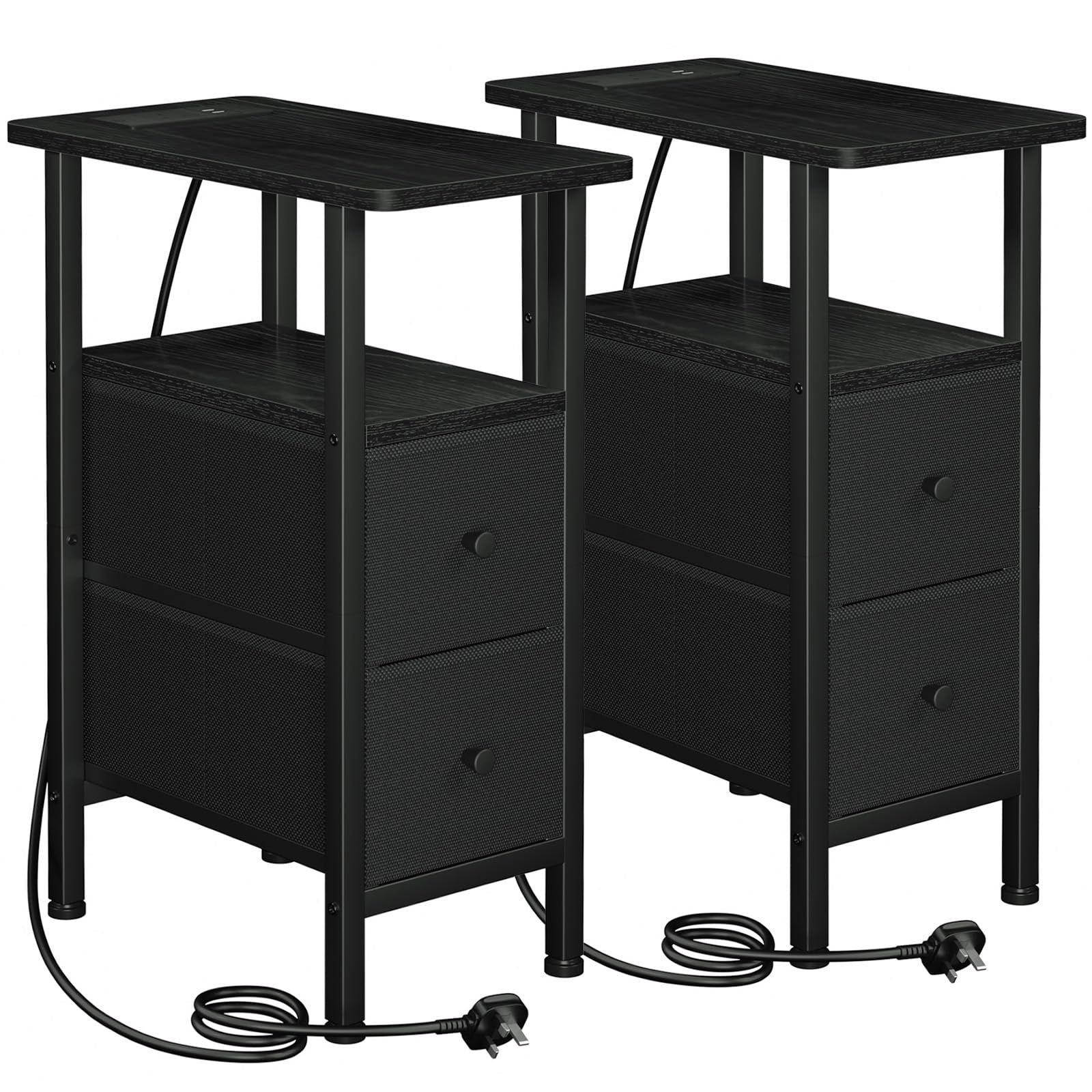 LOAKEKEL Slim Bedside Table Set of 2 with Charging Station and Drawers