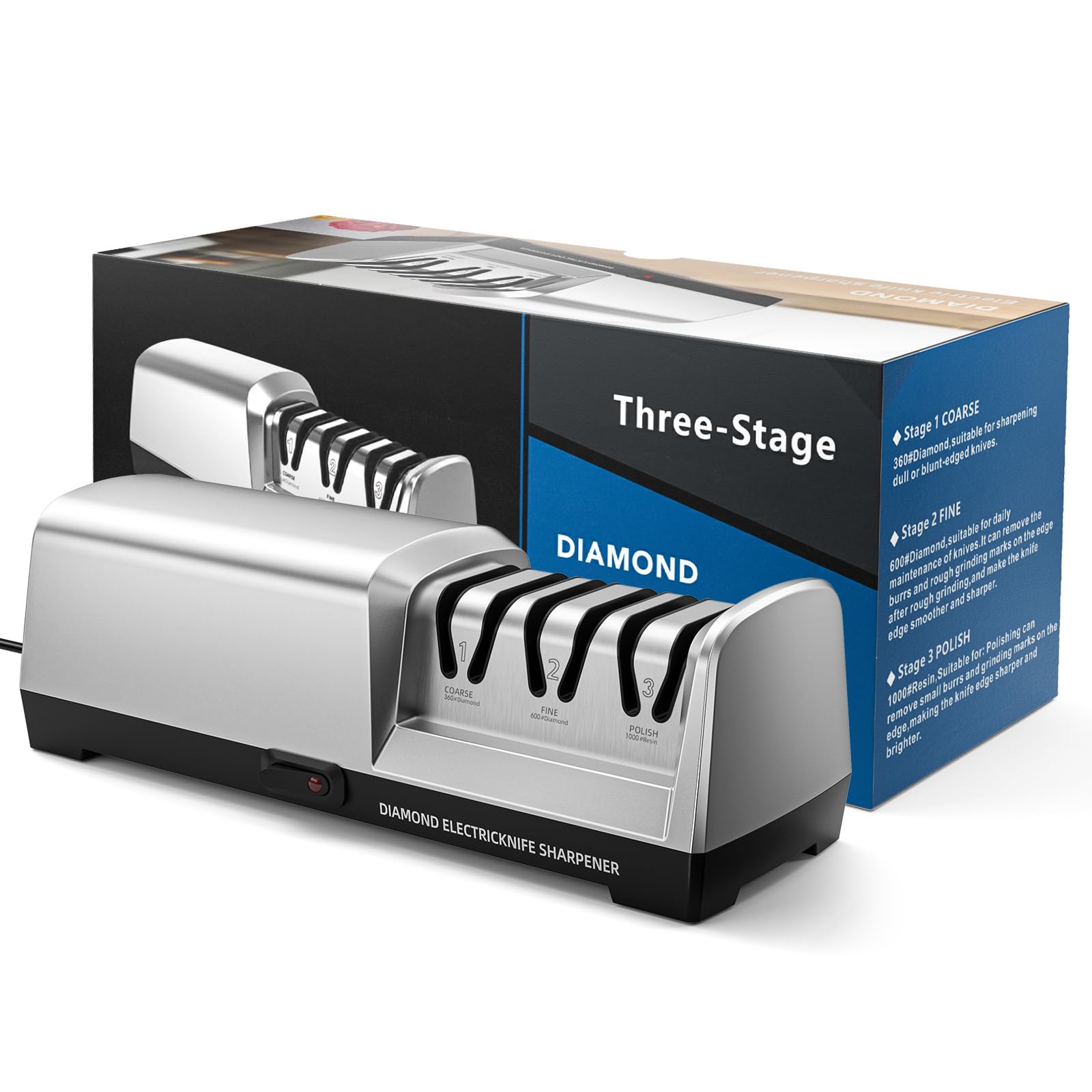 MusyVocay Electric Knife Sharpener | 3-Stage Diamond Precision - Silver