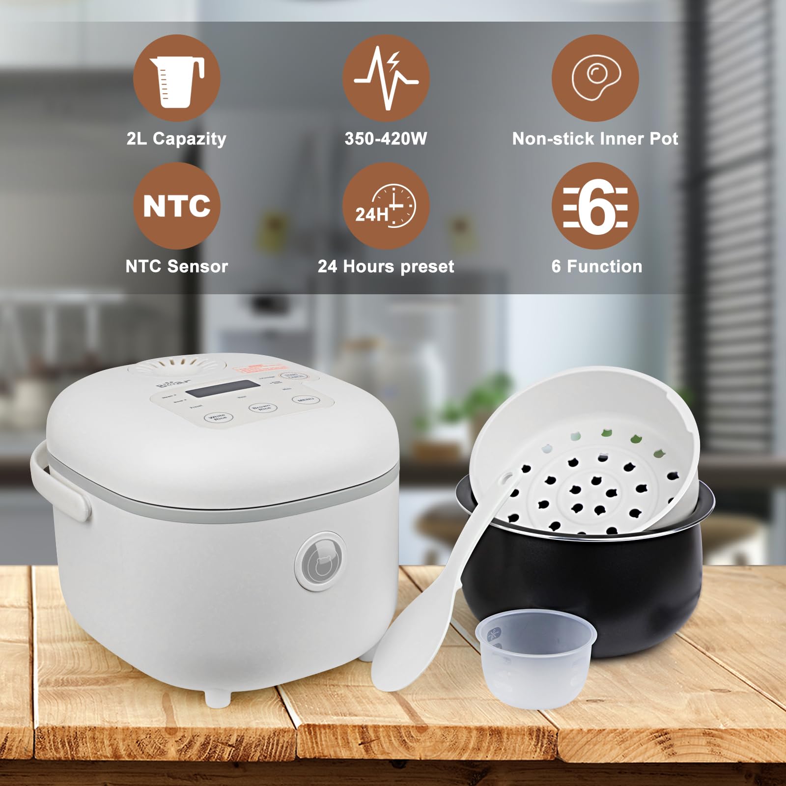 Bear 4-Cup Multifunctional Rice Cooker with Steamer – 2L Non-Stick Pot