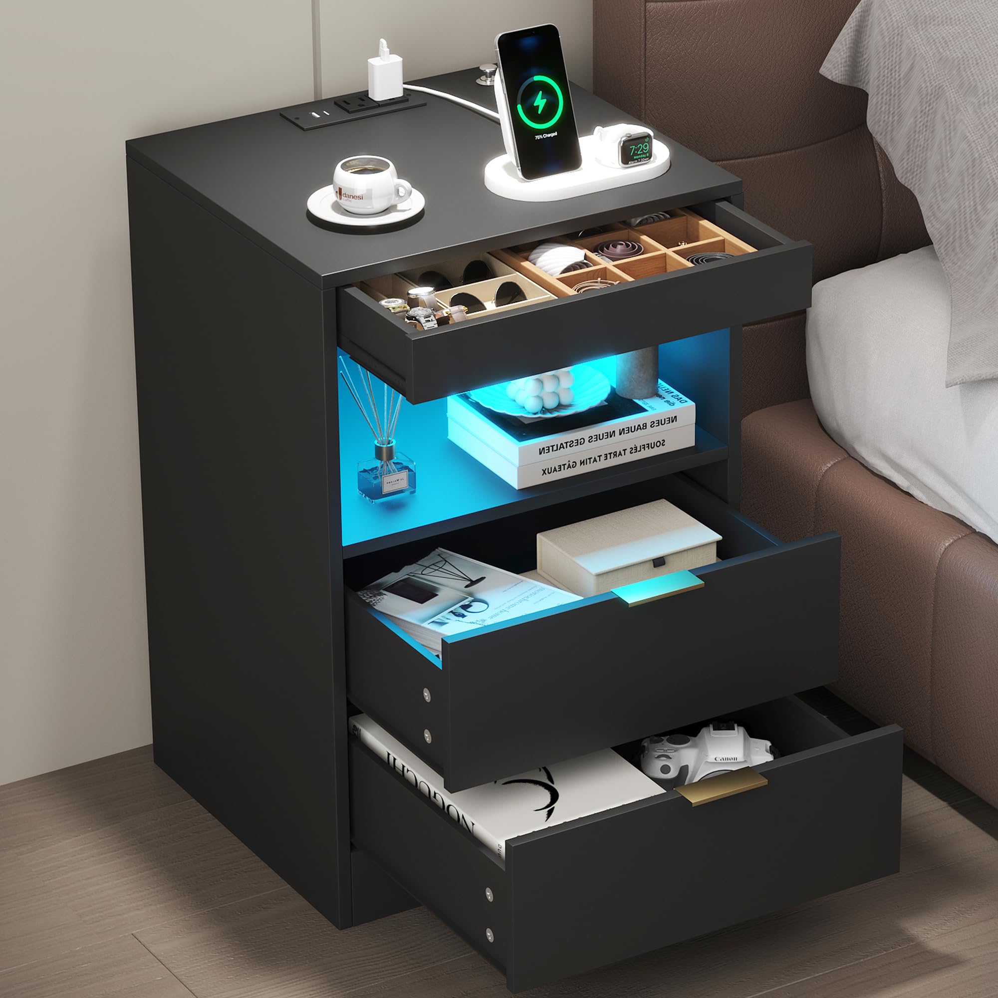 Yusong LED Nightstand with Charging Station | 2-Drawer Modern Side Table