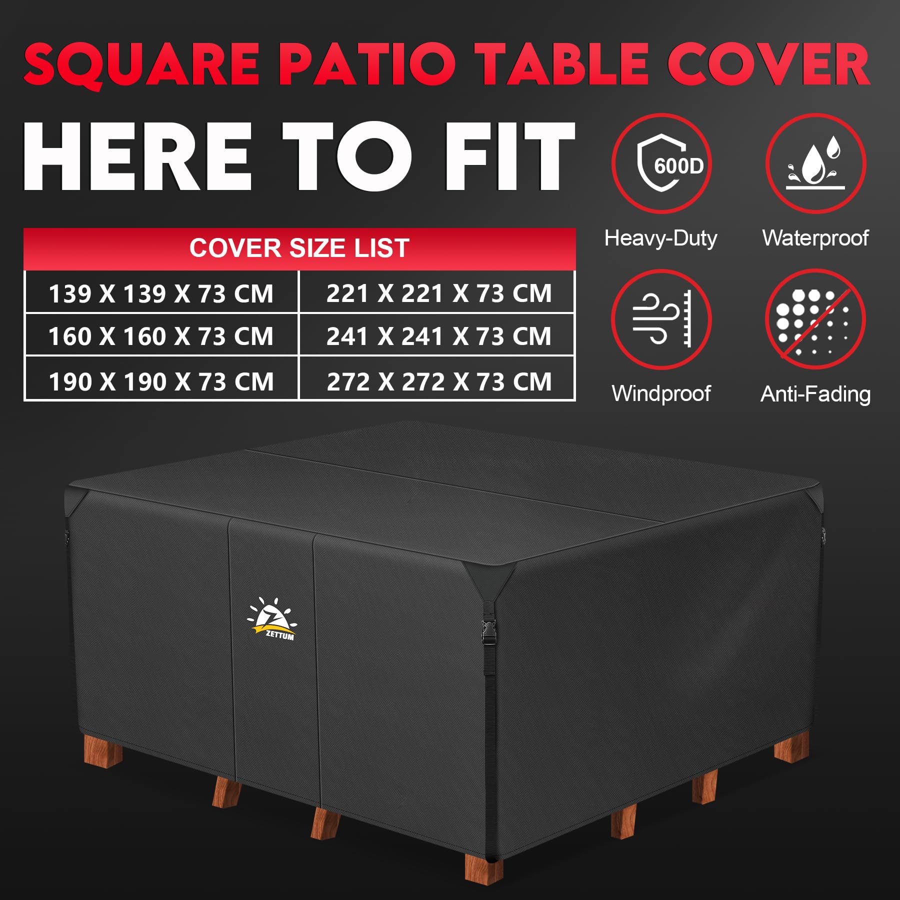 Zettum Patio Furniture Cover | 600D Oxford Waterproof Square Table Cover
