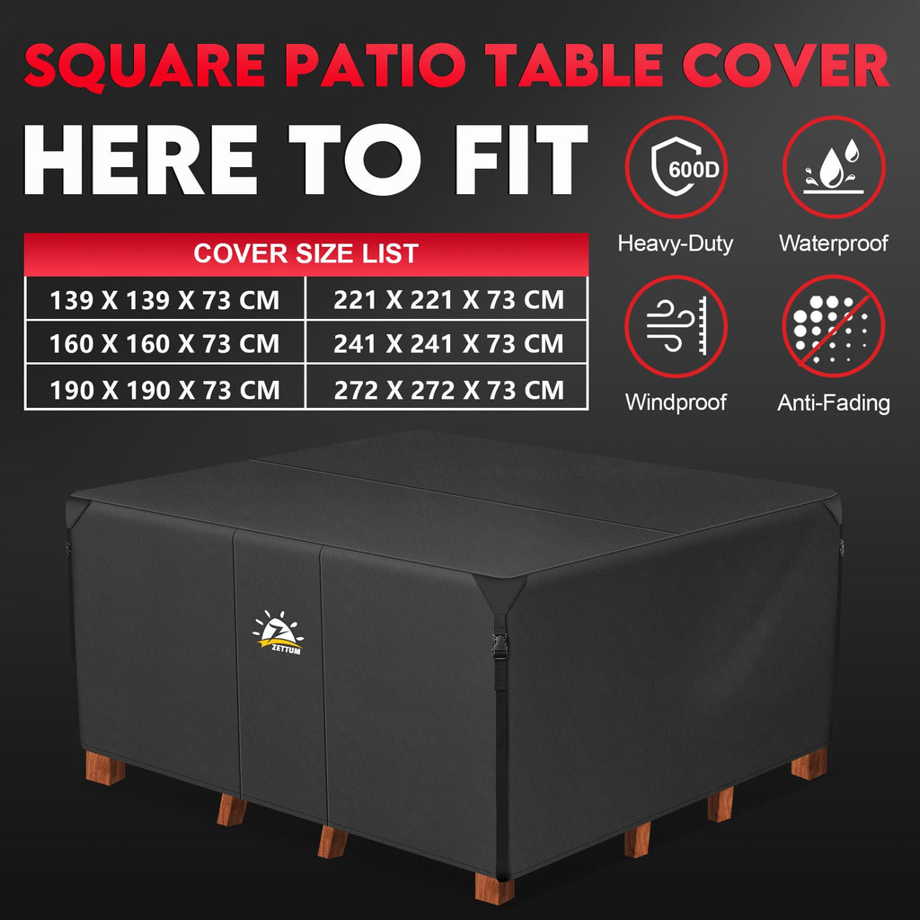 Zettum Waterproof Patio Table Cover | 600D Oxford Fabric | 221x221x73cm