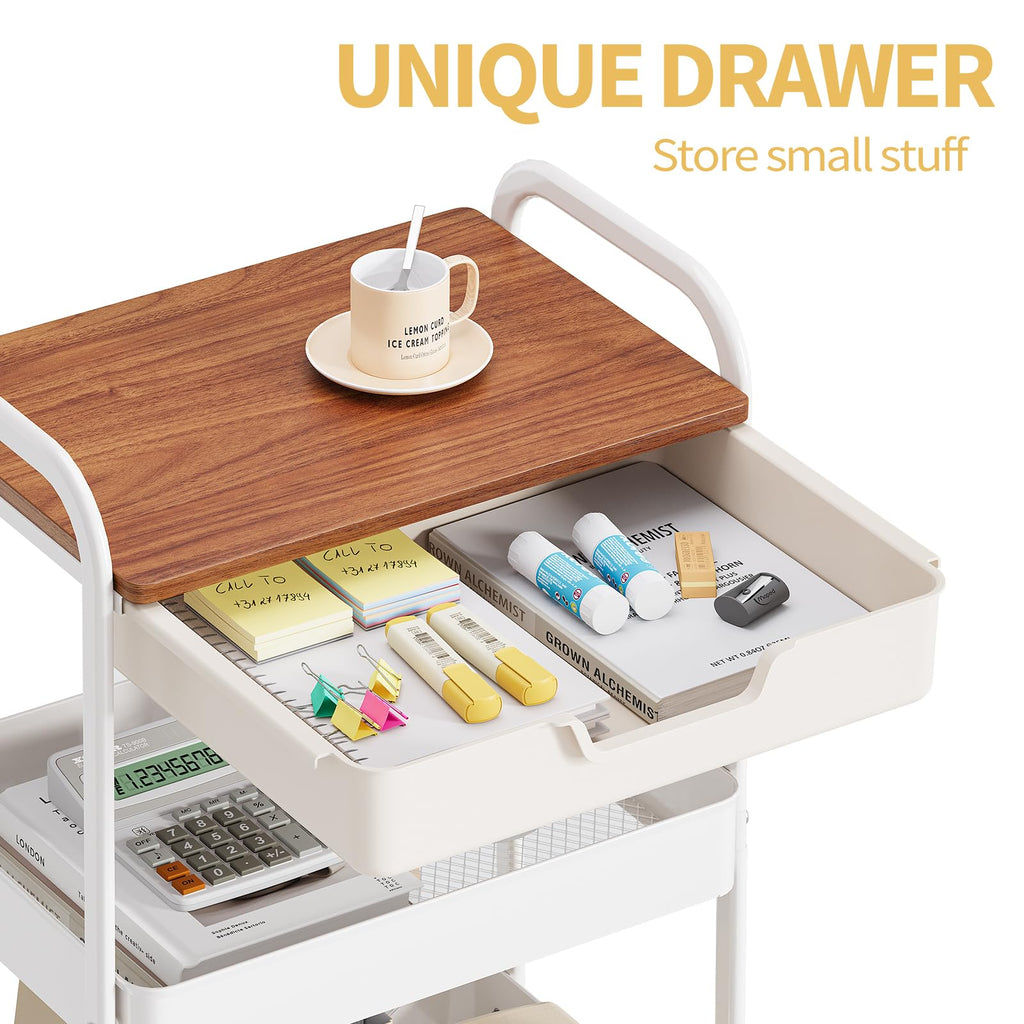 KINGRACK 3-Tier Rolling Utility Cart with Wooden Board and Drawer | White