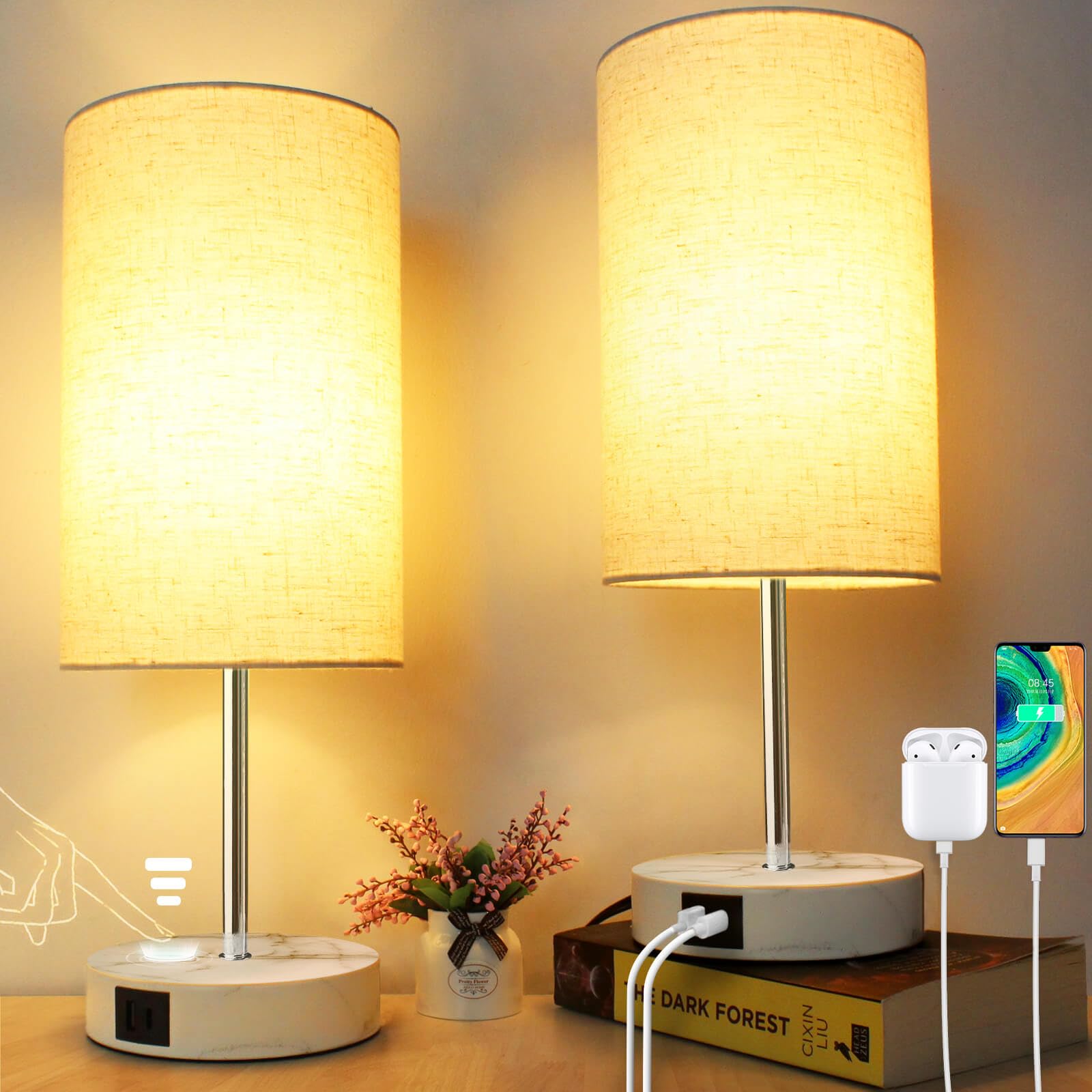 Wondlumi Bedside Lamps Set of 2 | 3-Way Touch Dimmable USB Table Lamp