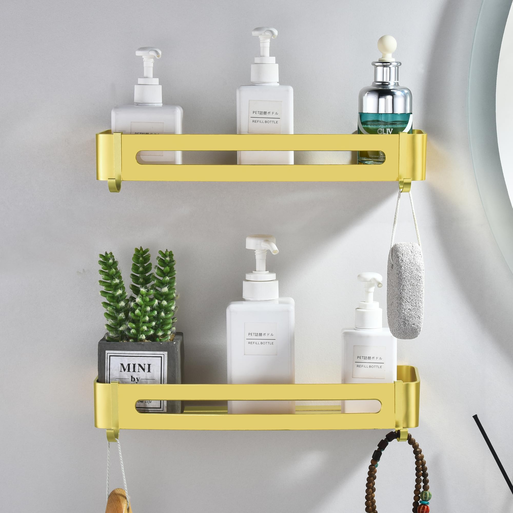 Maifey Brushed Gold Shower Caddy – 2 Tier No-Drill Adhesive Wall Shelves