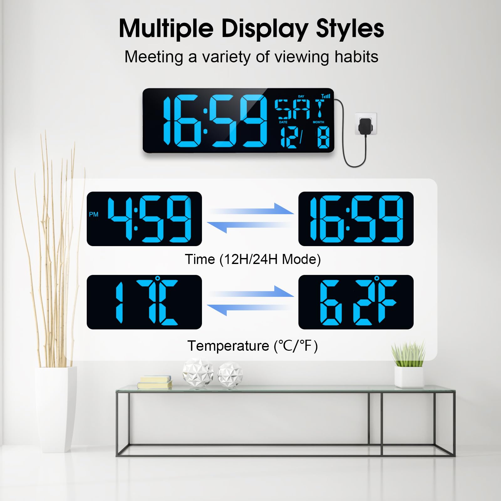 XREXS 17 Inch Large Digital Wall Clock | Bluetooth Auto-Sync LED Timer
