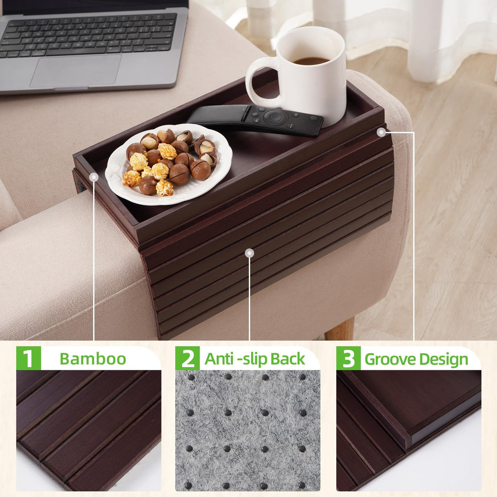 GEHE Bamboo Sofa Arm Tray Table | Foldable Couch Cup Holder – Mahogany