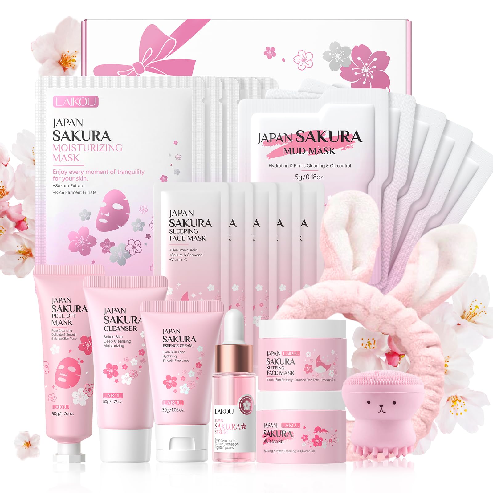 LAIKOU Sakura Skincare Gift Set | 23-Piece Hydrating Face Mask & Serum Kit