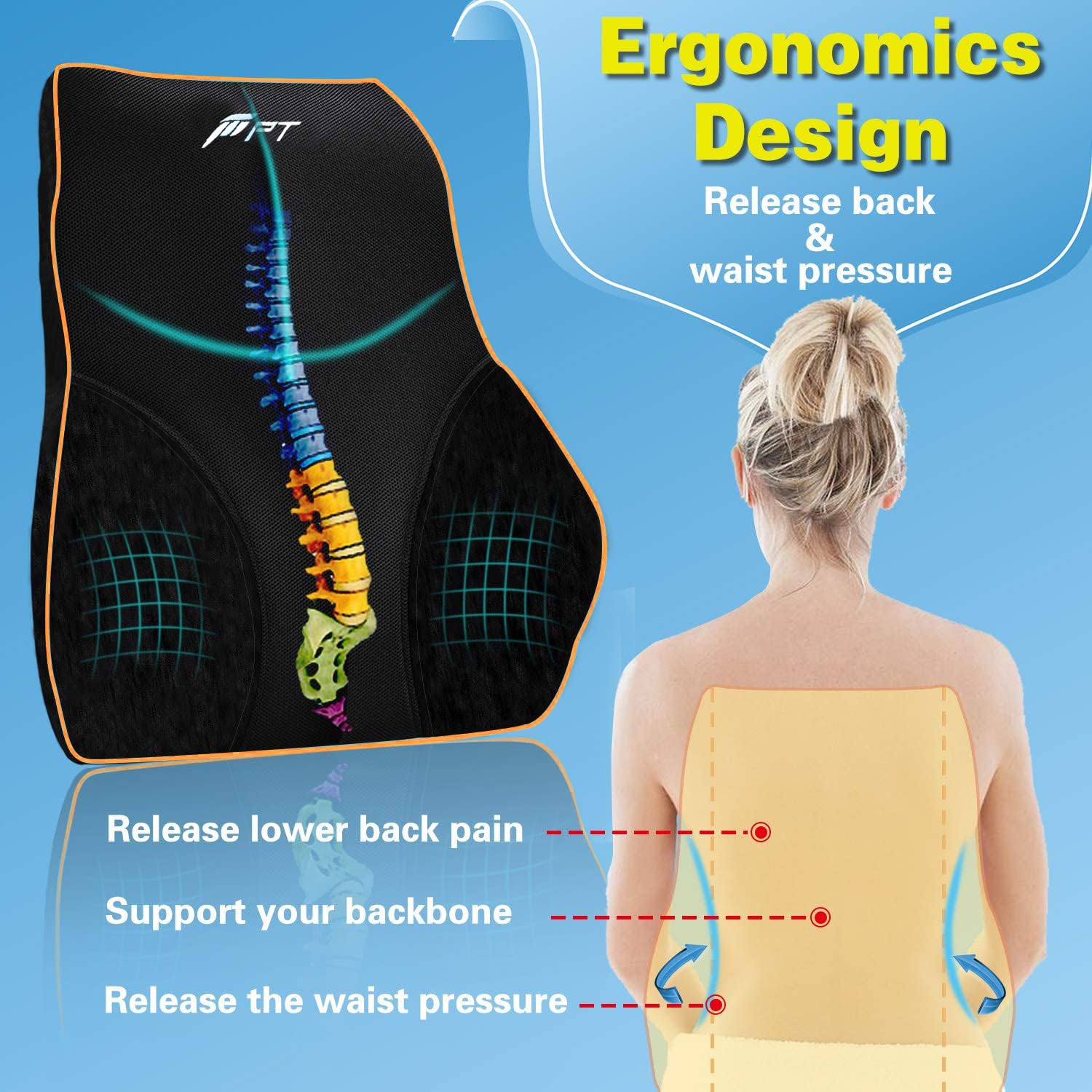 POOTACK Lumbar Support Cushion – Ergonomic Memory Foam Back Pillow