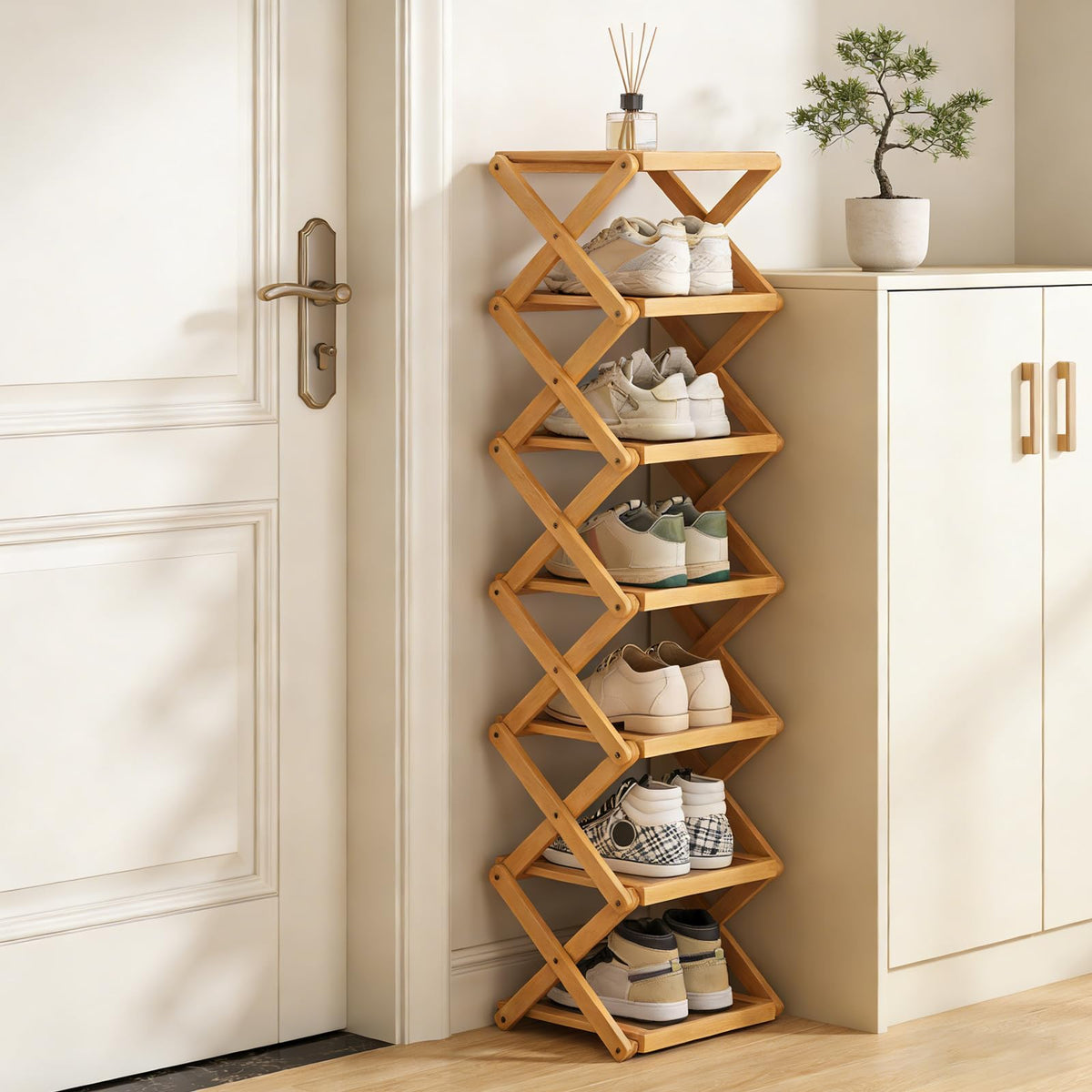 YYW Shoe Rack, Foldable Shoes Organizer Free Standing Shelf for Entryway, Closet, Hallway, Foldable X Shape Multi Tier Shoe Rack Wood Color,7 Layers - image 1