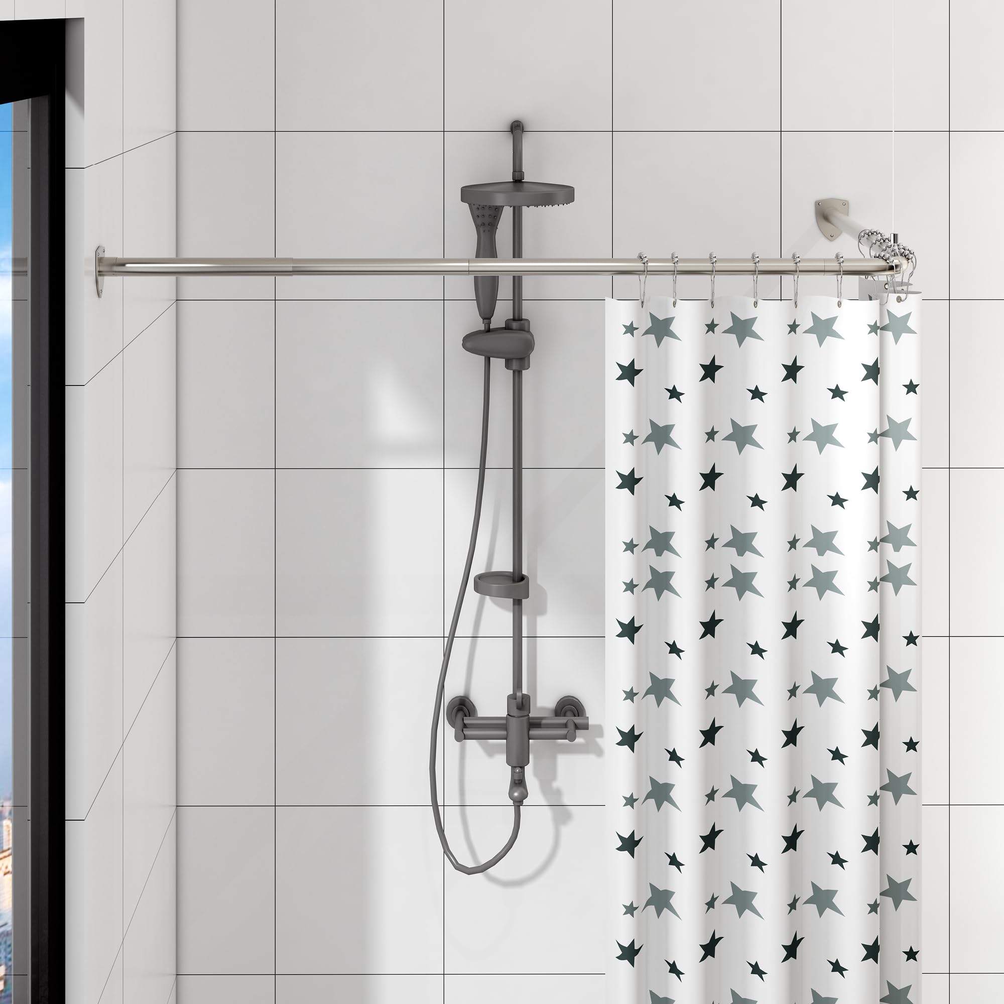 Mirooyu L-Shaped Extendable Shower Curtain Rod – Stainless Steel with Hooks