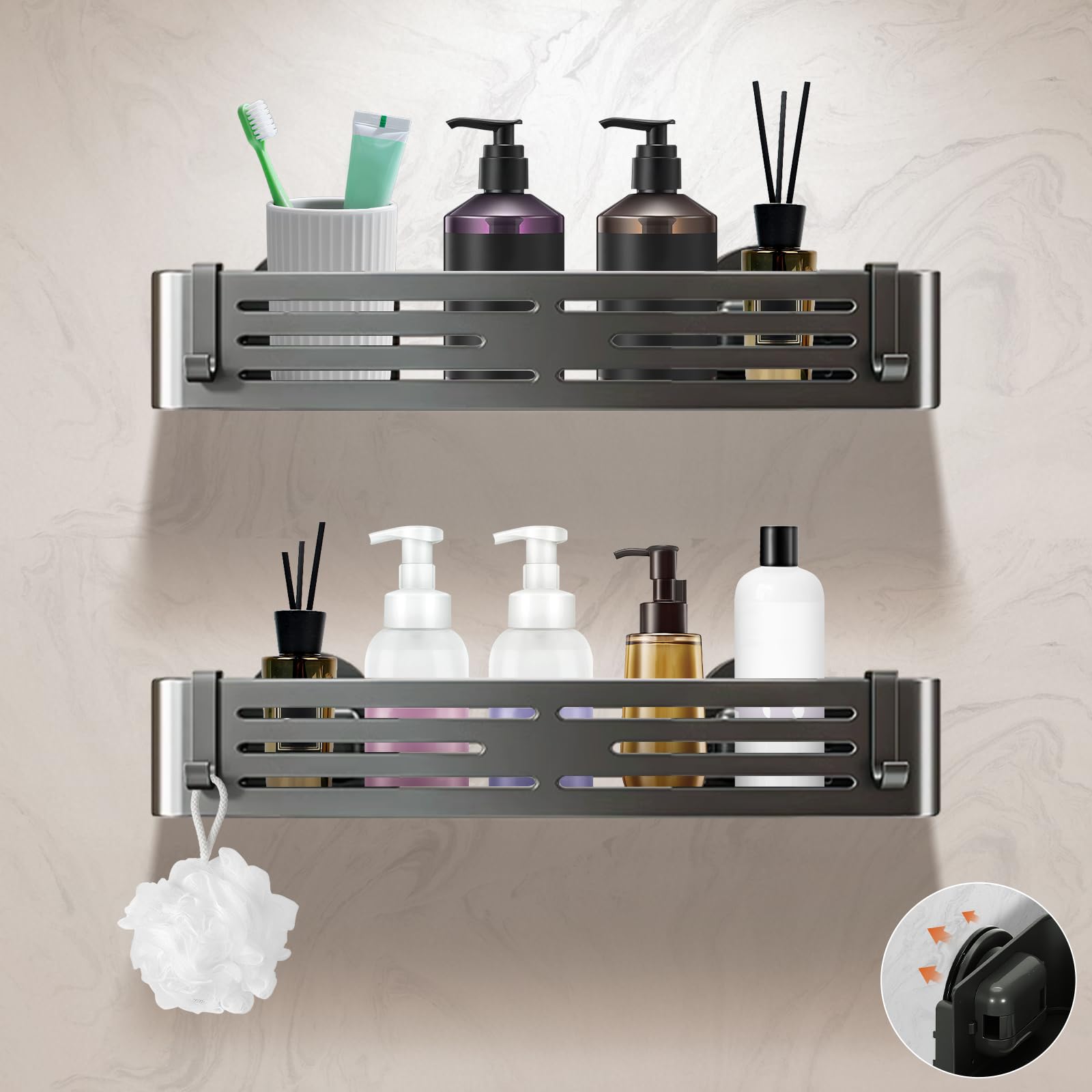 Lekesky Shower Caddy 2-Pack | Rustproof Aluminum Suction Shelf – Gunmetal