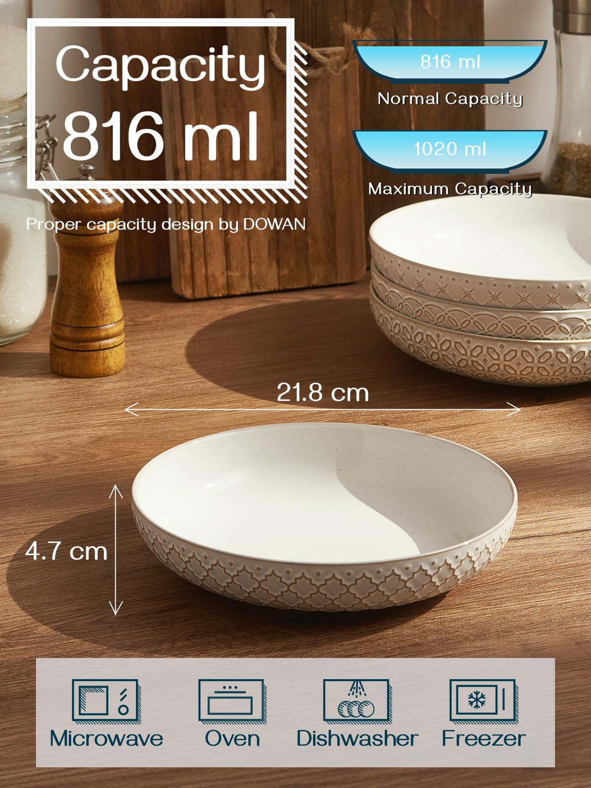 Pasta Bowls Set of 4 – 1020ml Embossed Stoneware Salad Plates