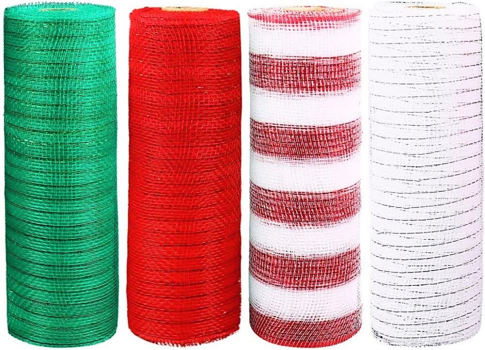 KAHEIGN 4Pcs Christmas Deco Mesh Rolls – Metallic Foil Poly Mesh for Wreaths