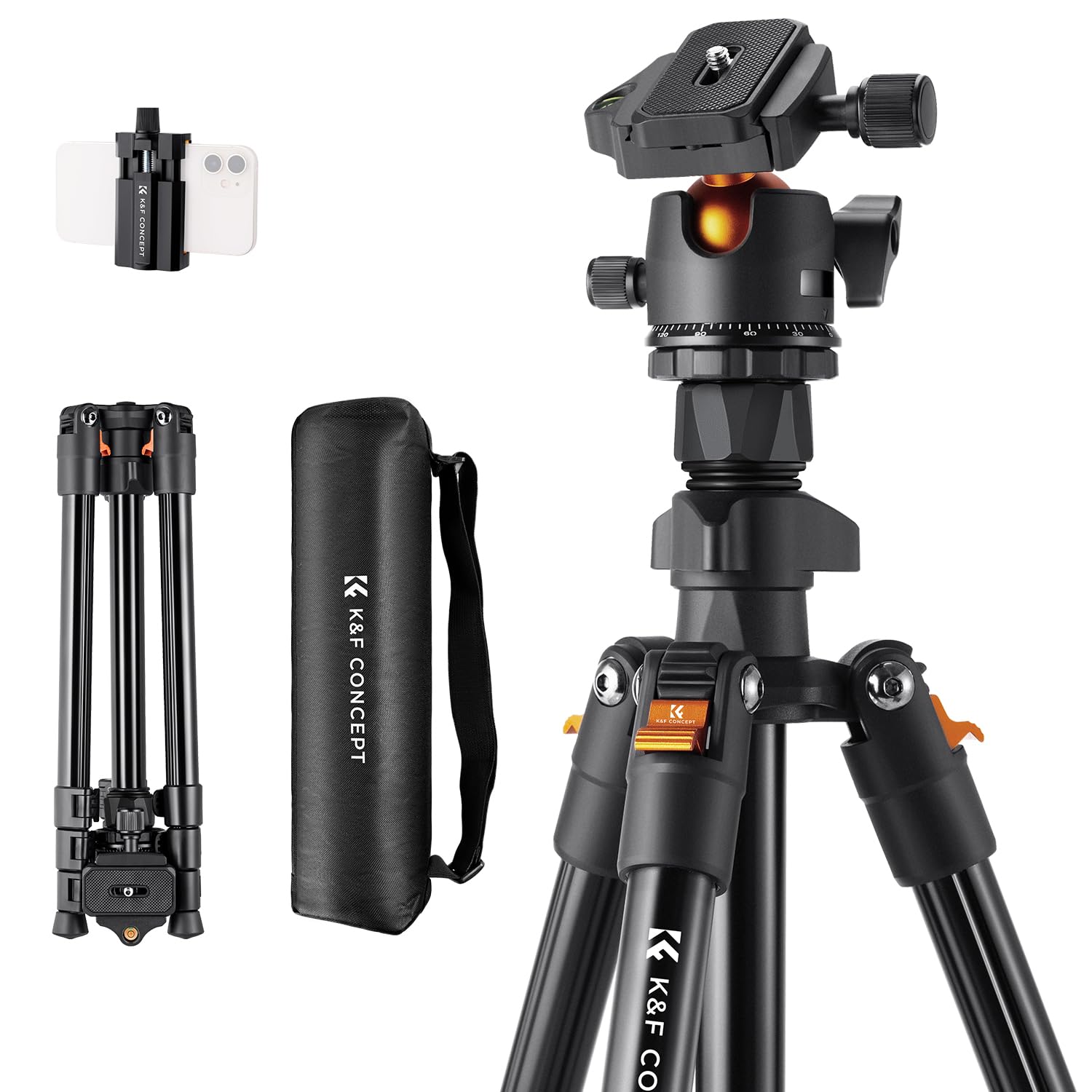 K&F Concept 64" Aluminum Camera Tripod with Ball Head & Phone Holder