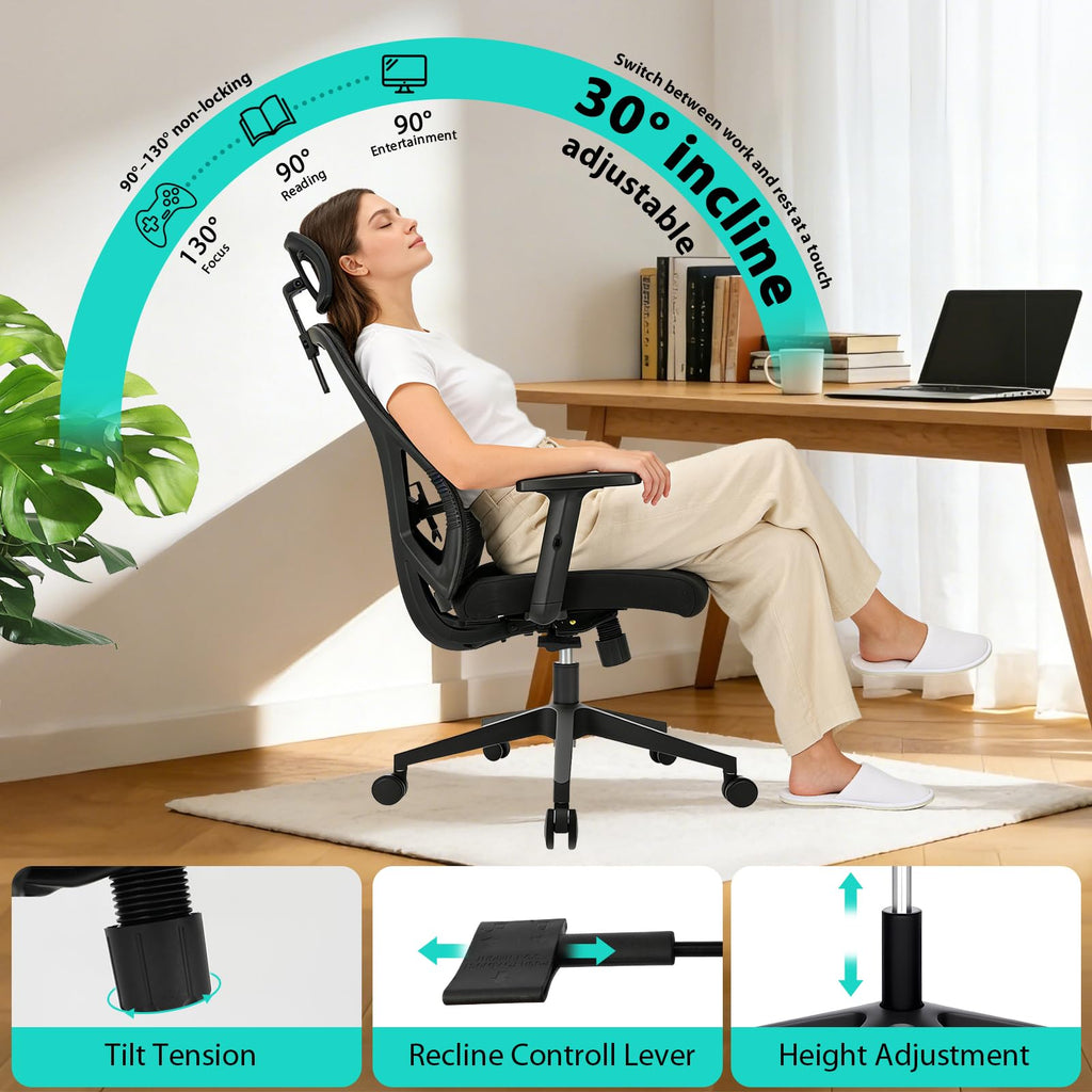 Durrafy Ergonomic Office Chair, Desk Chair with Adjustable Lumbar Headrest and Armrest, Office Chairs Support up to 150 kg - image 5