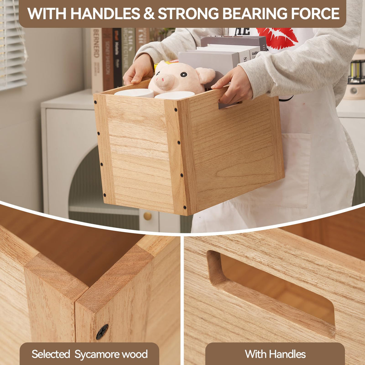 KIRIGEN Stackable Wooden Storage Cube with Handles, Natural - image 4