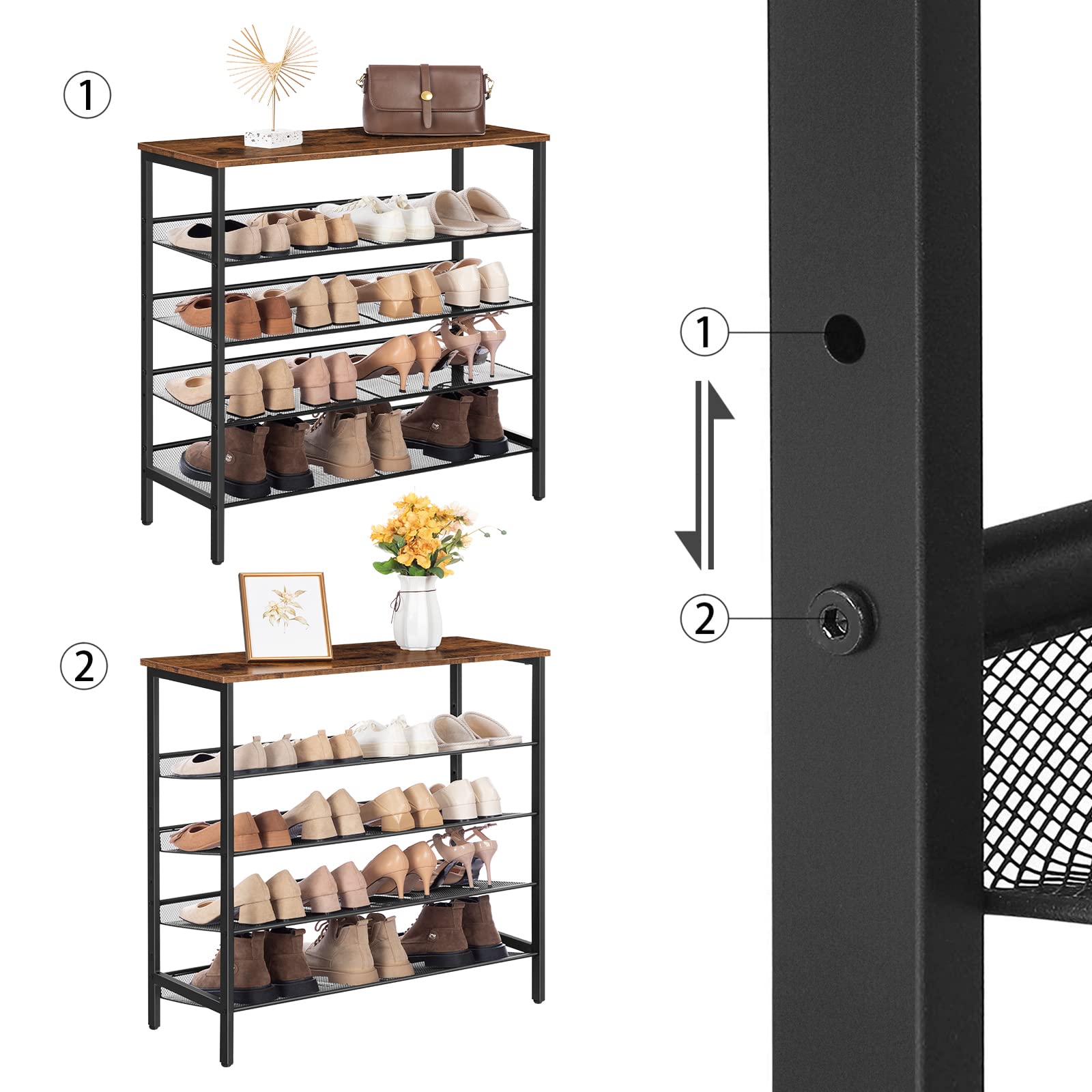 HOOBRO 5-Tier Shoe Rack – Industrial Rustic Brown Metal Storage Shelf