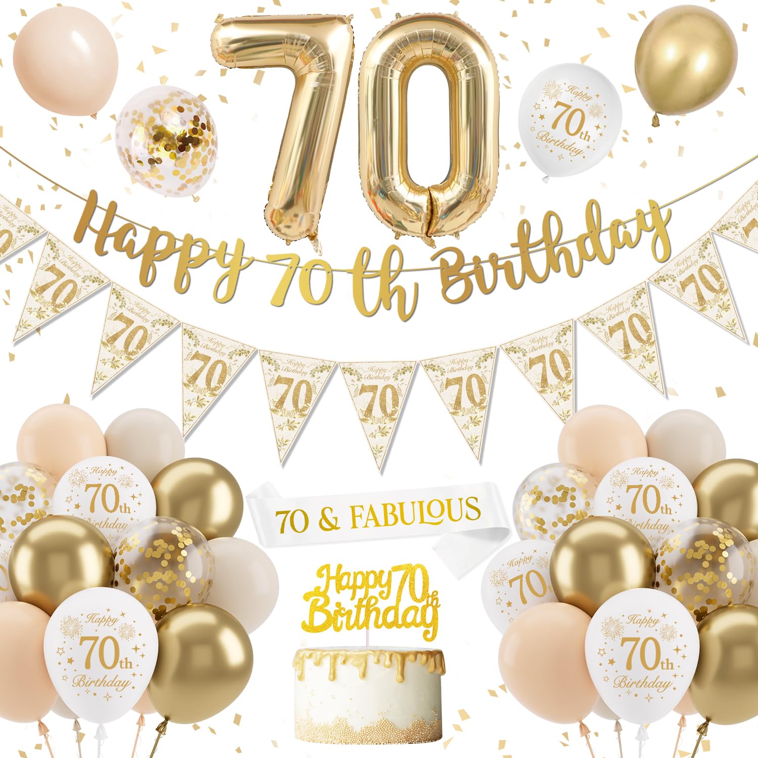 70th Birthday Decorations - Gold & White Balloon Banner Kit