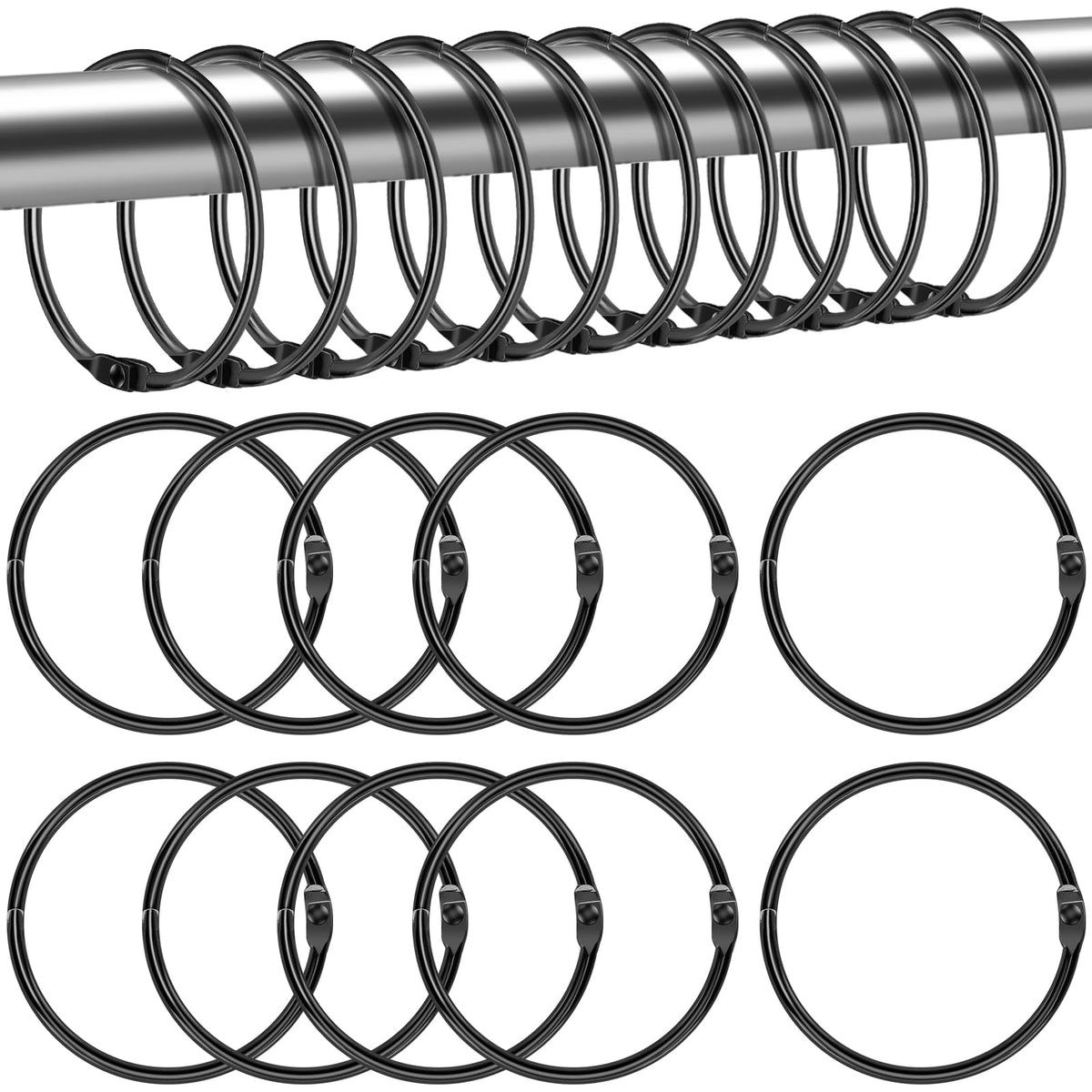 Lunhoo 20-Pack 50 mm Shower Curtain Rings, Shower Curtain Hooks, Multi-Purpose Round Clips, Large Metal Binder Ring, Key Ring Black - image 1
