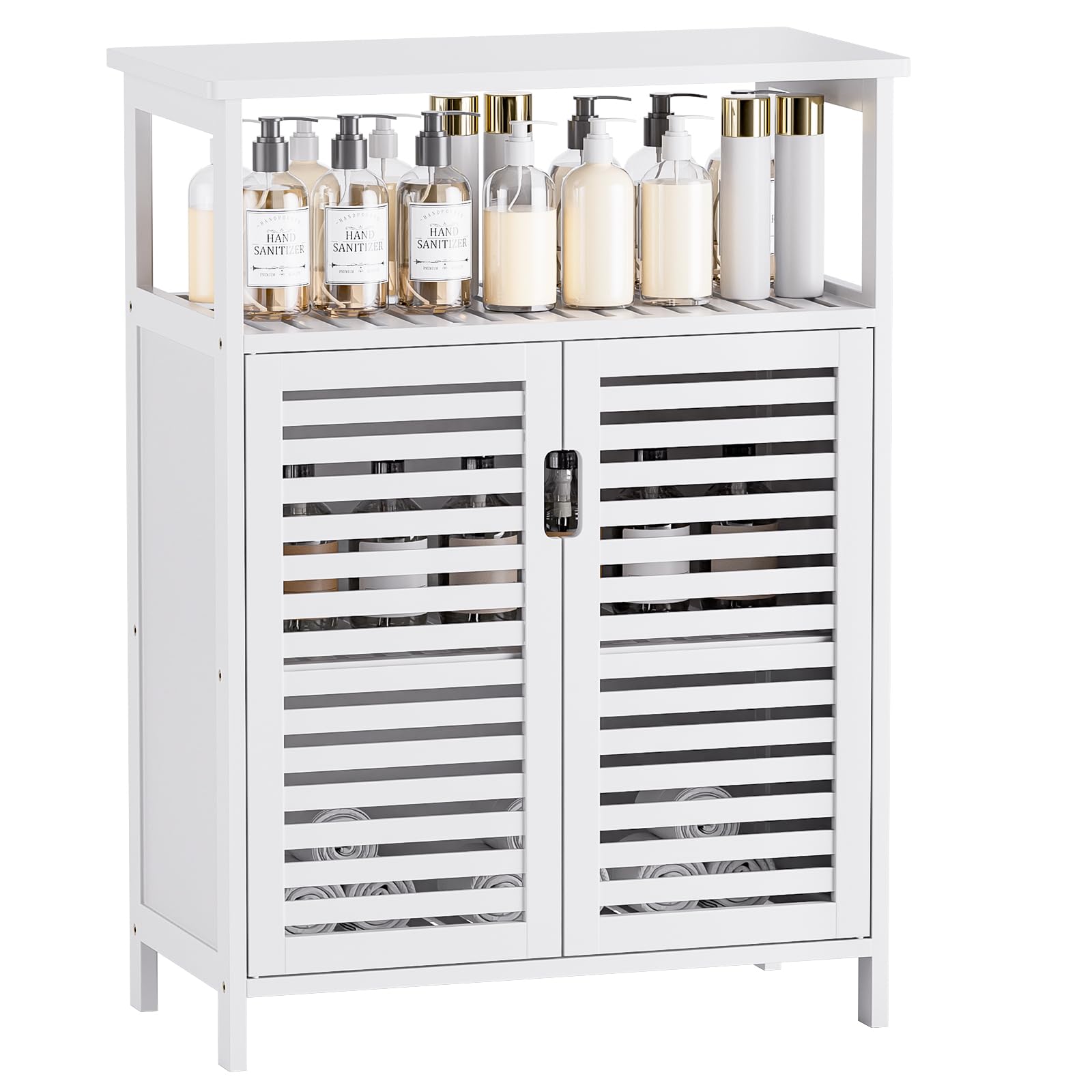 HITNET Bamboo Bathroom Floor Storage Cabinet with Double Louvered Doors