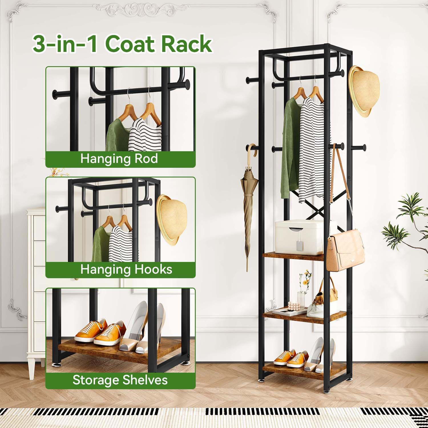 IBUYKE Industrial Coat Rack – Freestanding Hall Tree with 3 Shelves & 8 Hooks