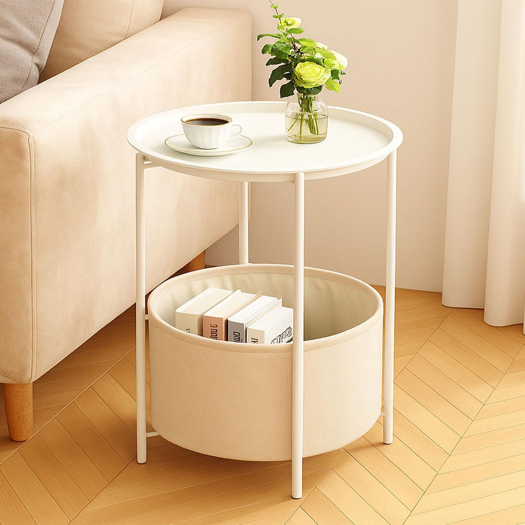 Rinkgarden Round Side Table with Fabric Basket, Modern and Sturdy, Metal End Table for Living Room, Bedroom, Bedside Table, Nursery - image 1