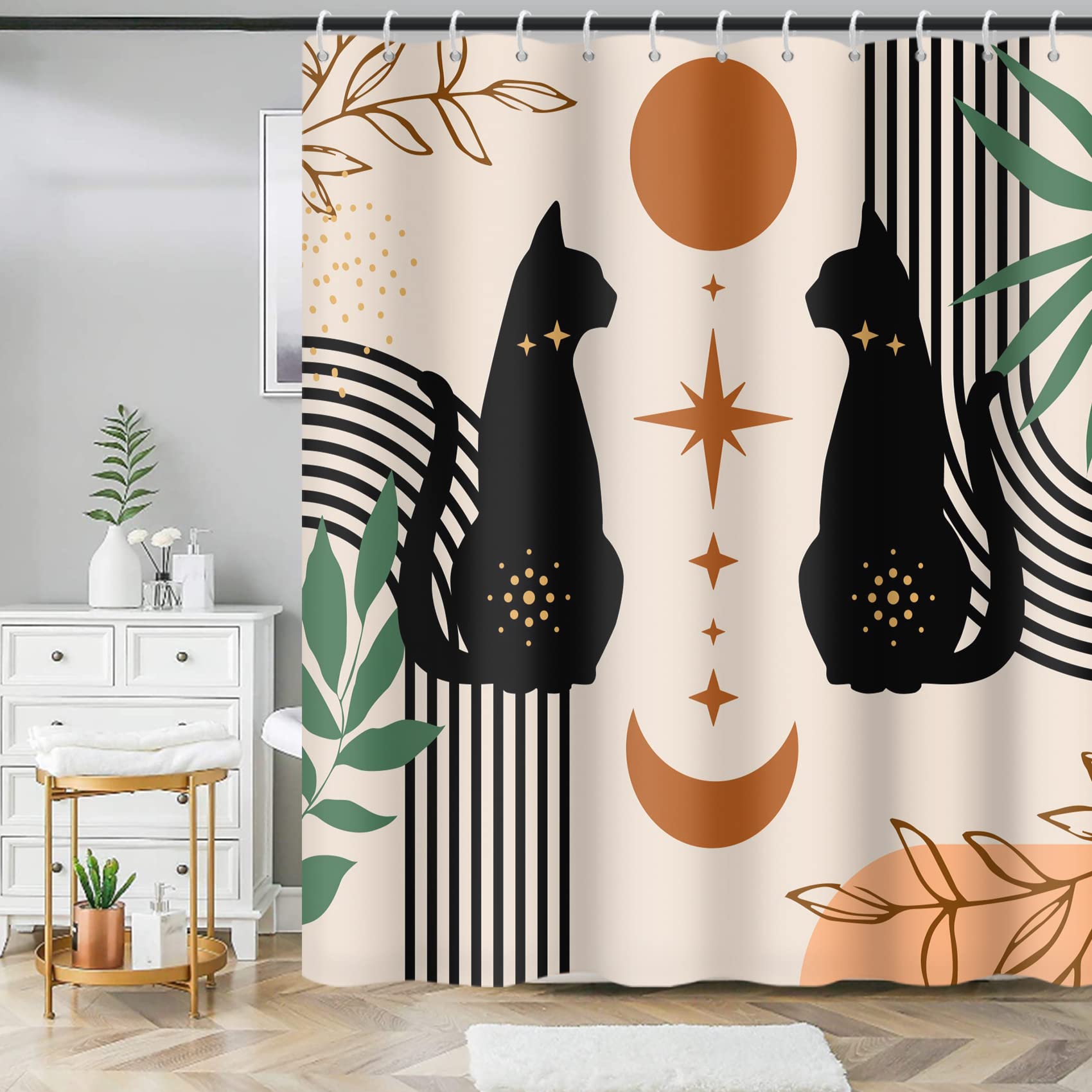 MIRRORANG Black Cat Shower Curtain – Mid Century Modern Boho Fabric
