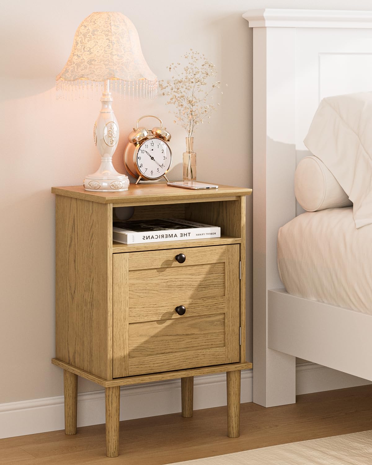 HEYZOEY Farmhouse Wooden Bedside Cabinet with Door - Light Oak Side Table