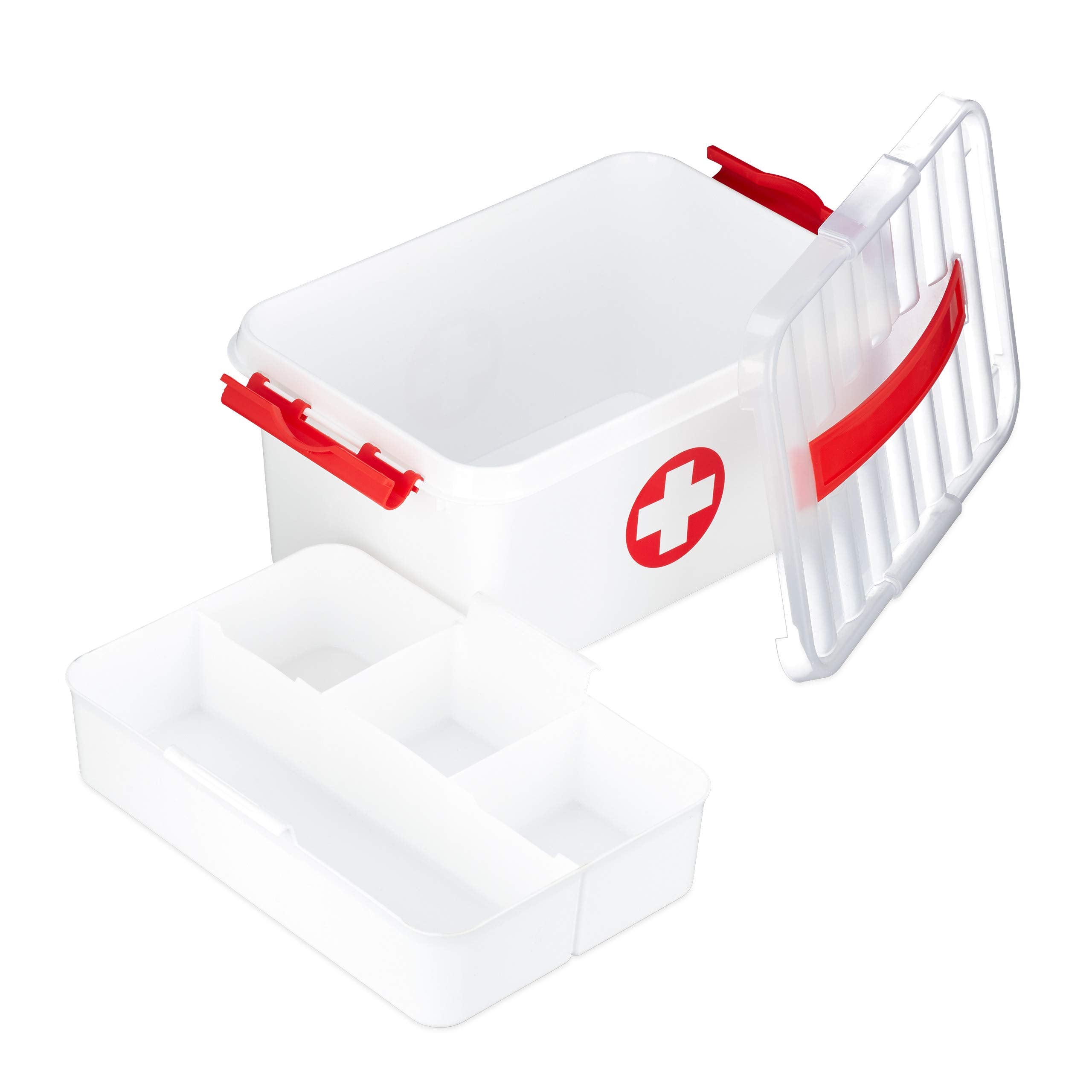 Relaxdays First Aid Box – Plastic Medical Storage Case with Shelves, White