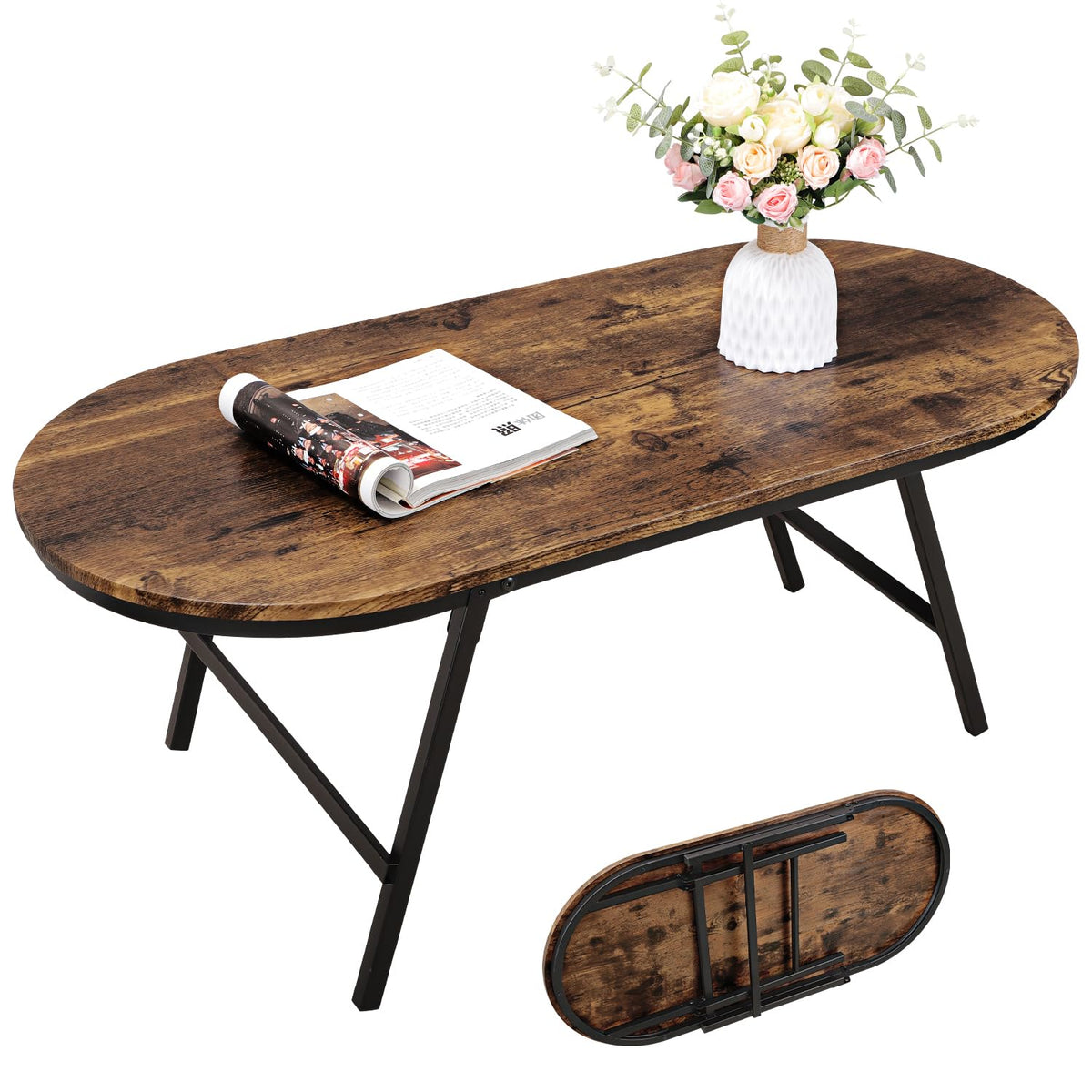 FEUFOAM Folding Coffee Table for Living Room Industrial Brown Small Low Table Wooden Foldable Coffee Tables Oval Floor Desk Tables for Small Spaces - image 1