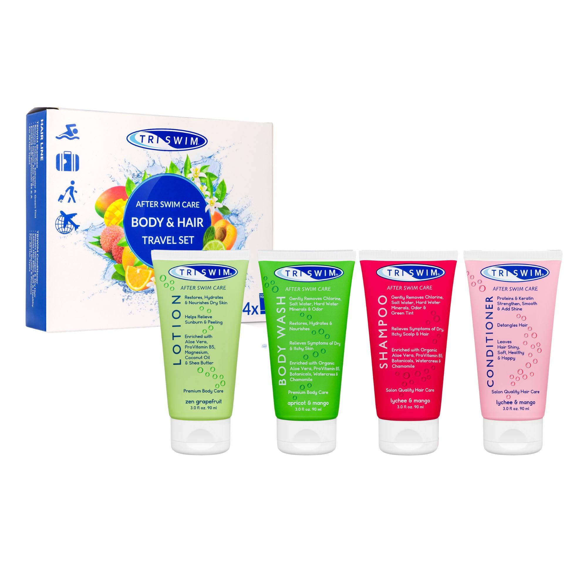 TRISWIM Anti-Chlorine After Swim Travel Set - 4x90ml Cosmetics Bundle