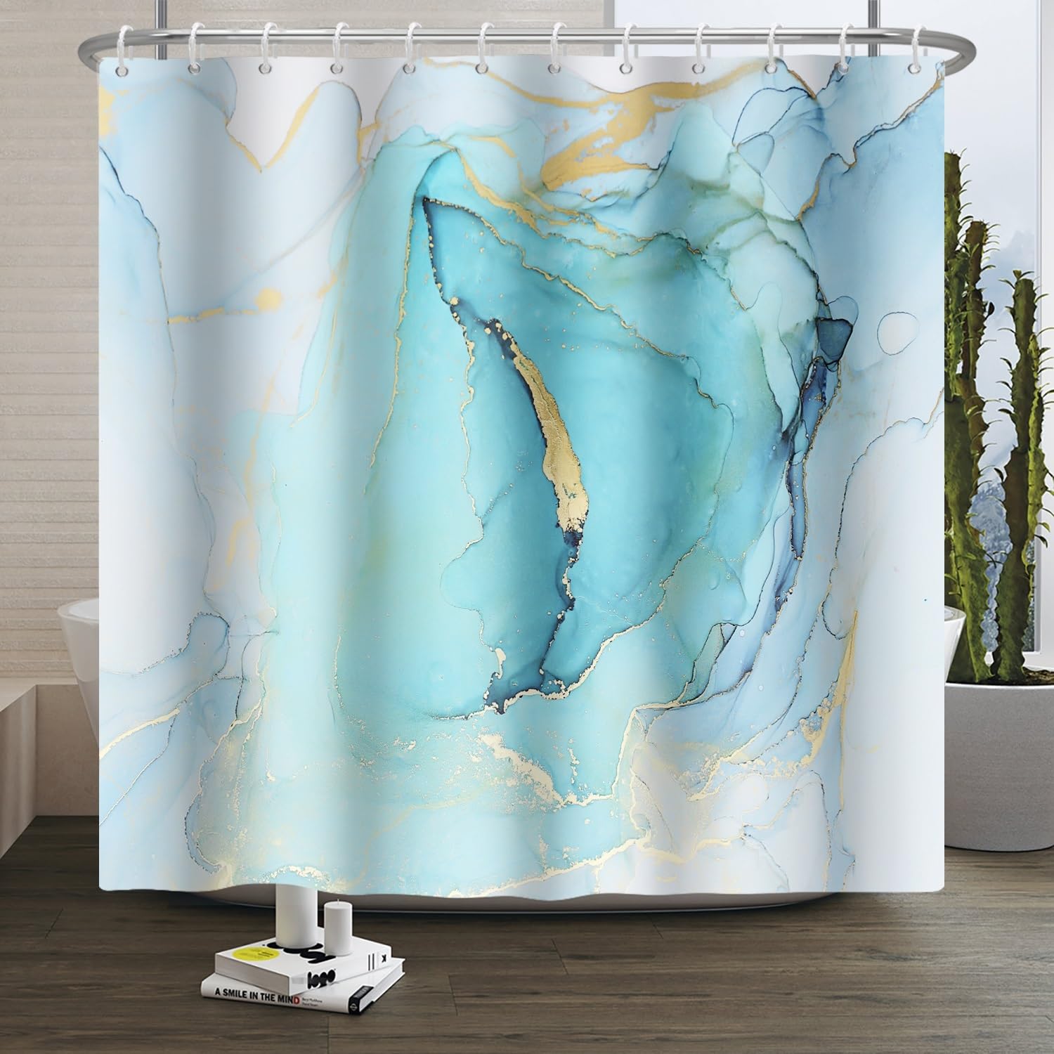 Jolof Store Baby Blue Gold Marble Shower Curtain | Waterproof Polyester