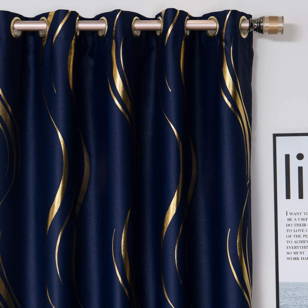 Luxury Striped Blackout Curtains – Navy & Gold, 66x84 Inch