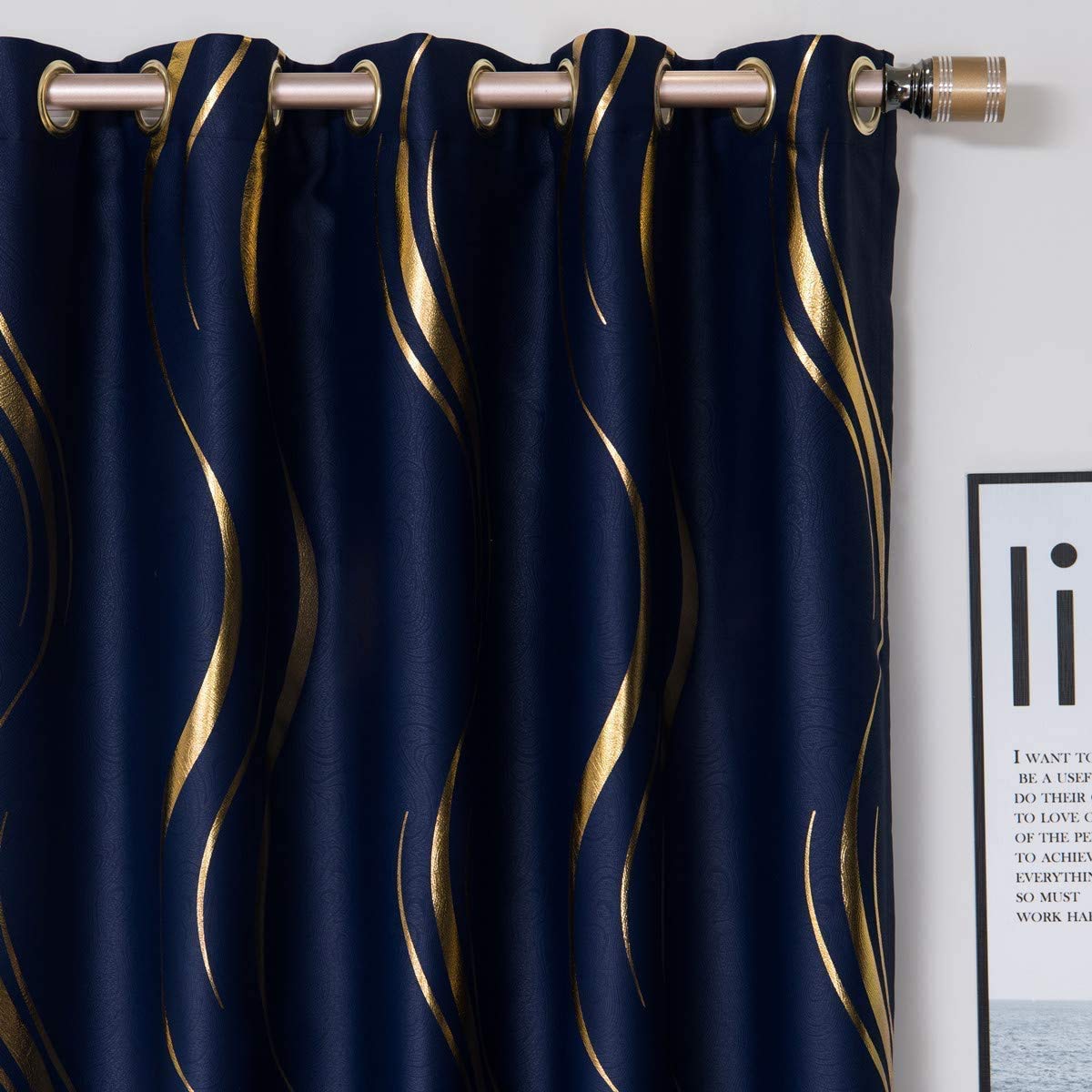 Luxury Striped Blackout Curtains – Navy & Gold, 66x84 Inch