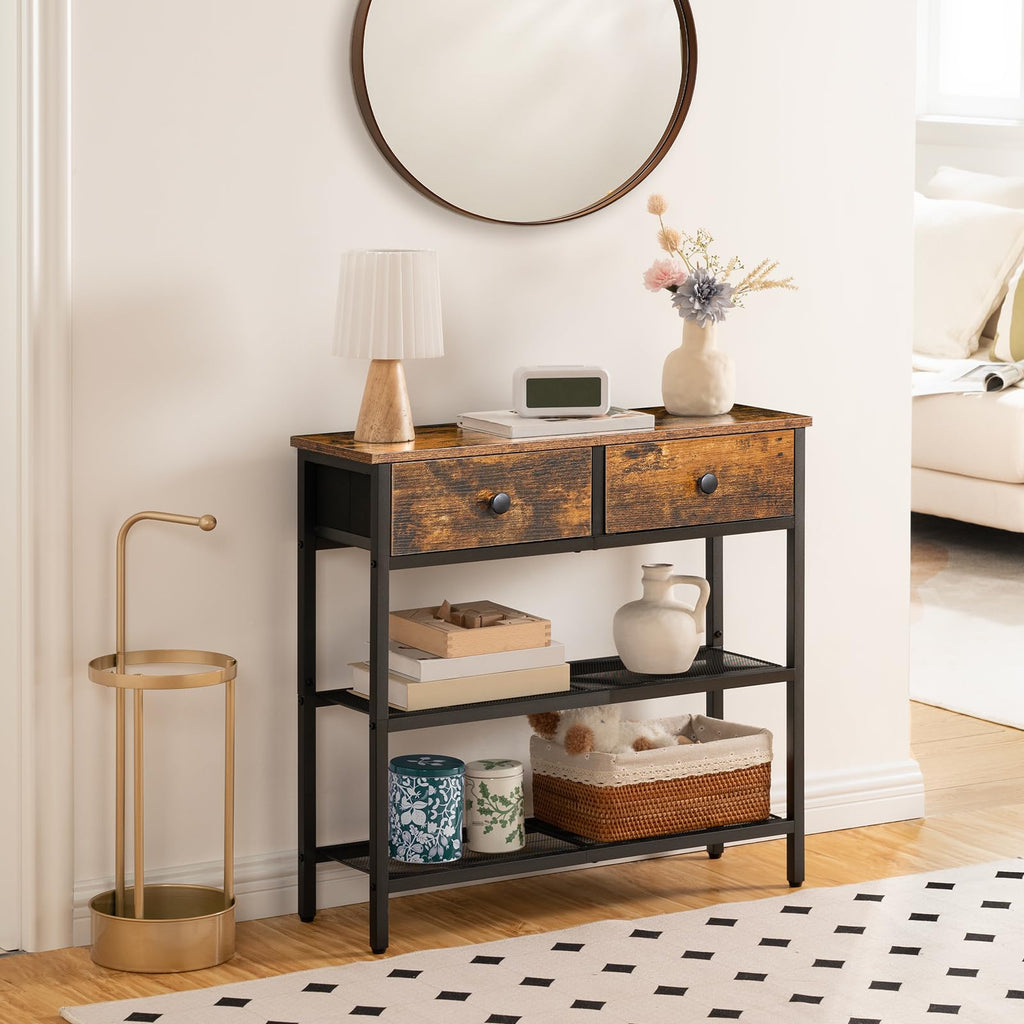 HOOBRO Slim Console Table – 3-Tier Industrial Hallway Table with Drawers