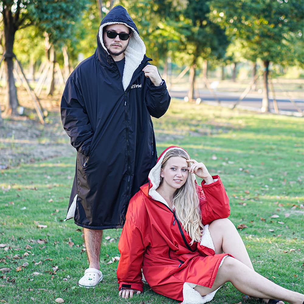 Hiturbo Waterproof Changing Robe – Fleece Lined Surf Poncho Coat in Black