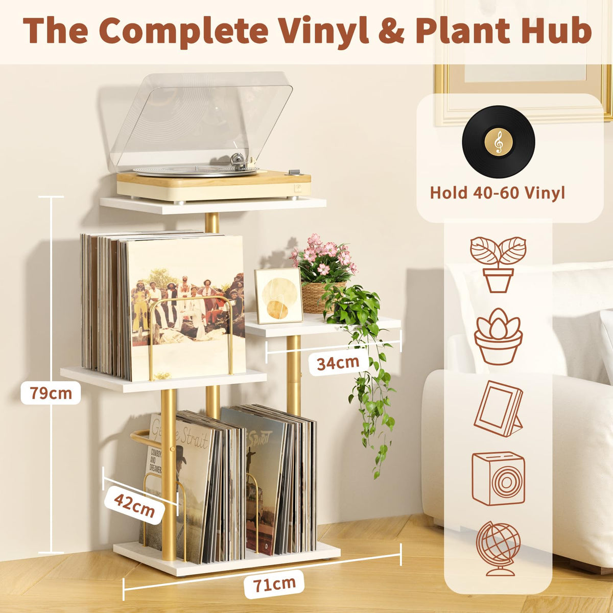 Bikoney Botanical Record Player Stand with LP Vinyl Display Shelf - Gold - image 3