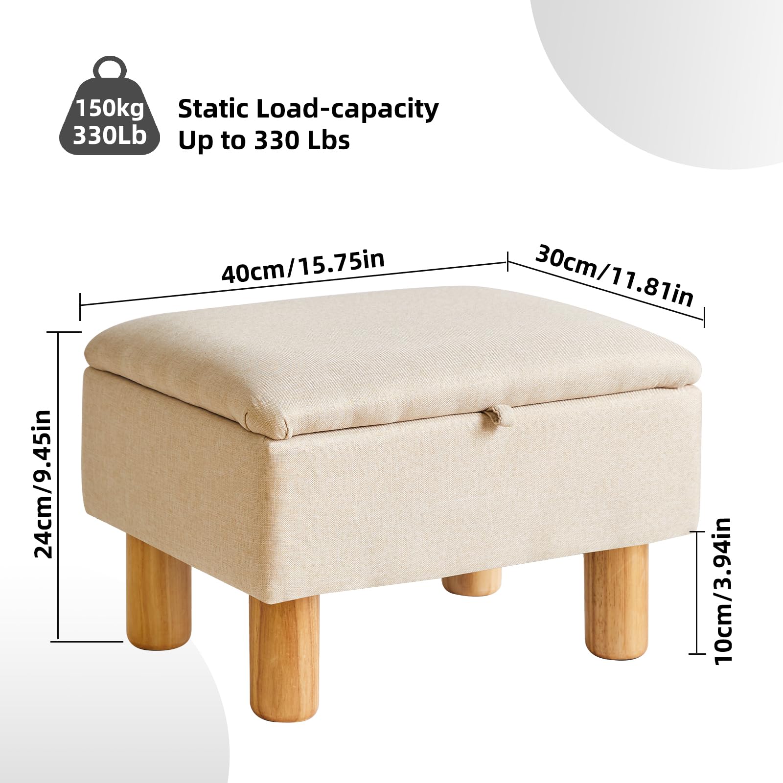Aibiju Small Storage Ottoman – Linen Fabric Footstool with Wooden Legs