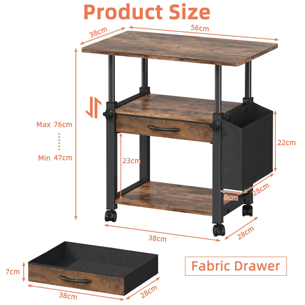 OYRREU 3 Tier Printer Stand on Wheels, Height Adjustable Mobile Table Wood - image 5