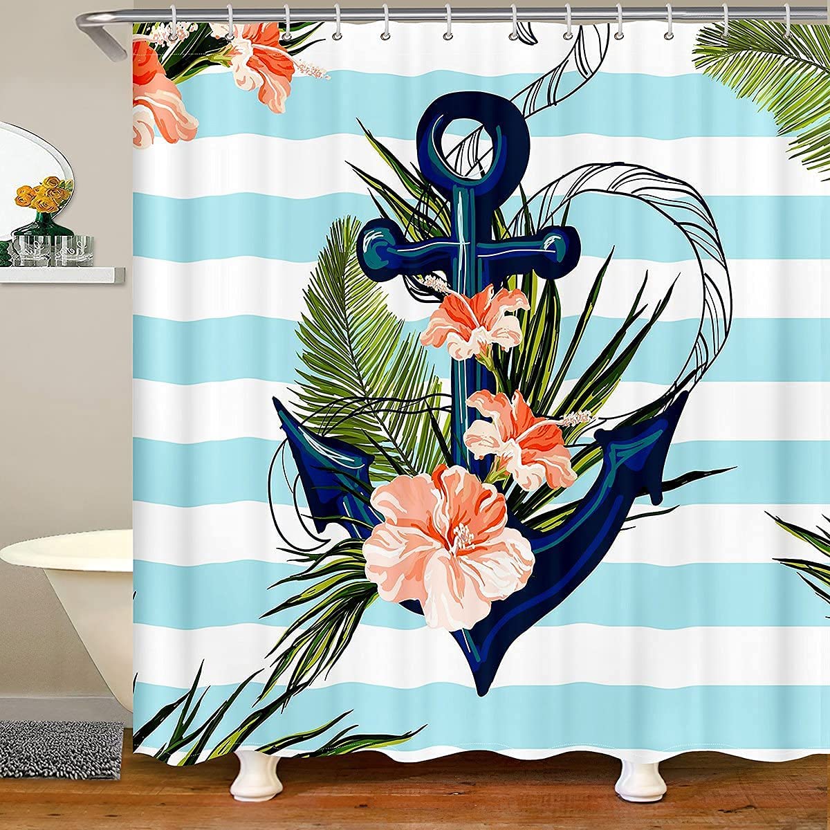 Loussiesd Anchor & Floral Shower Curtain | Polyester Bath Decor with Hooks