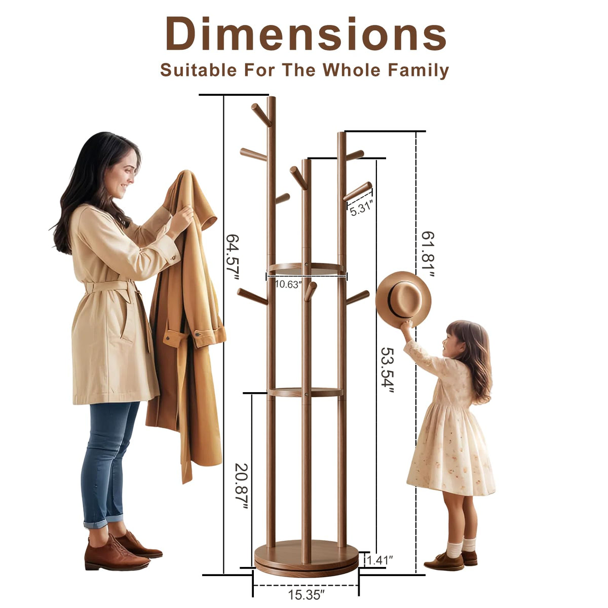 AQIMUELE Coat Stand, Wooden Coat Rack Stand with 3 Storage Shelves and 9 Hooks, Freestanding - Rotatable Coat Hanger Stand - image 2