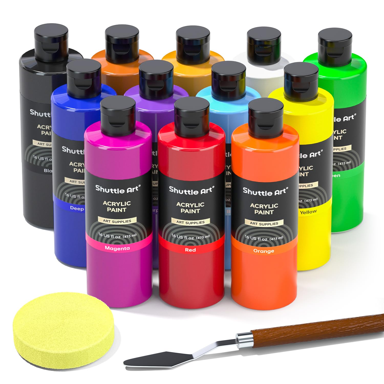 Shuttle Art Acrylic Paint Set - 12 Colors Bulk Bottles (16oz/473ml)