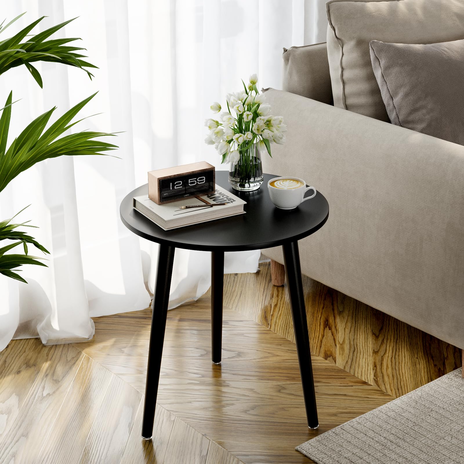 APICIZON Round Side Table – Black Wooden End Table for Small Spaces