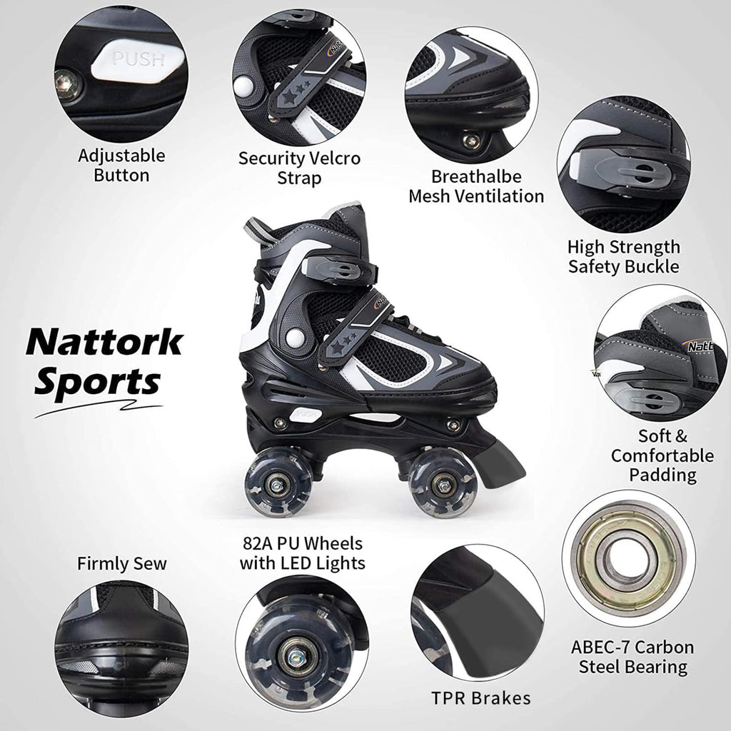Nattork Kids Adjustable Roller Skates with Light up Wheels – 4 Sizes