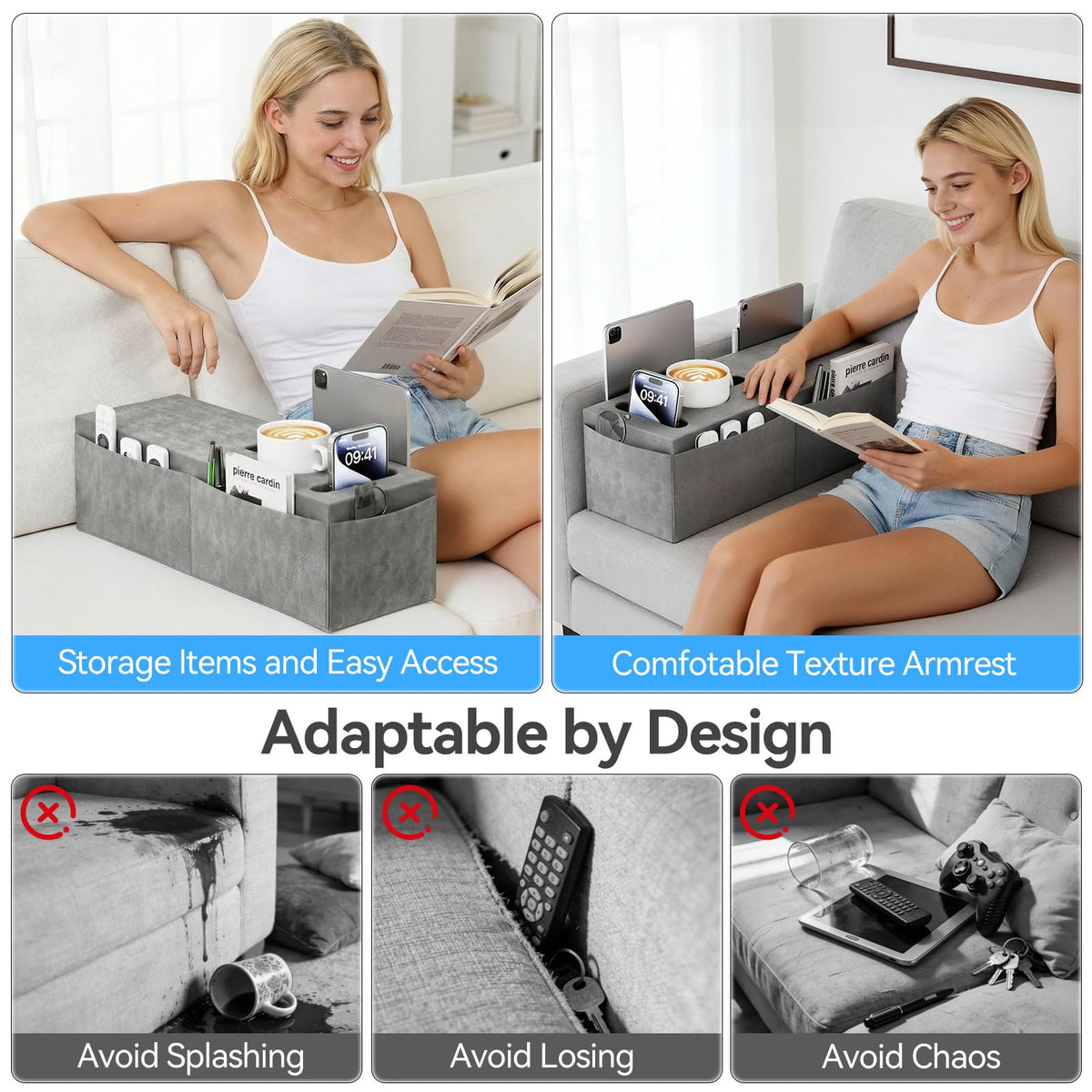 Heyife Couch Armrest Caddy with Cup Holder, Portable Sofa Armrest Pillow Drink Holder Table Tray with 5 Large Side Storage Pockets - image 5